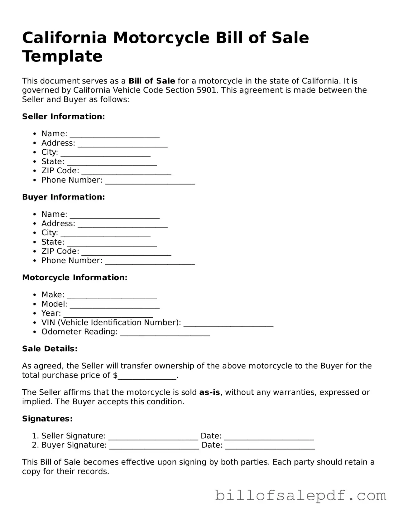 Legal California Motorcycle Bill of Sale Form