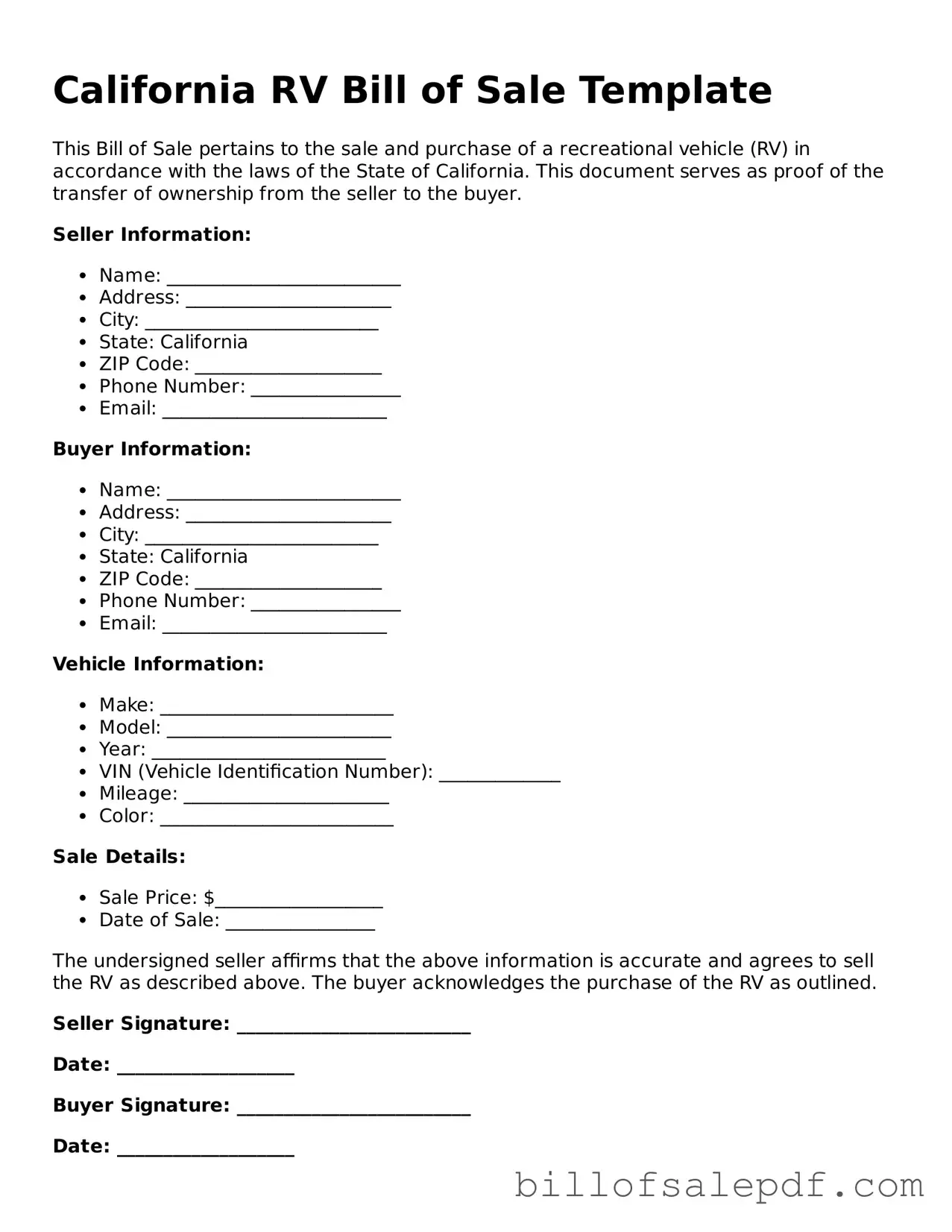 Legal California RV Bill of Sale Form