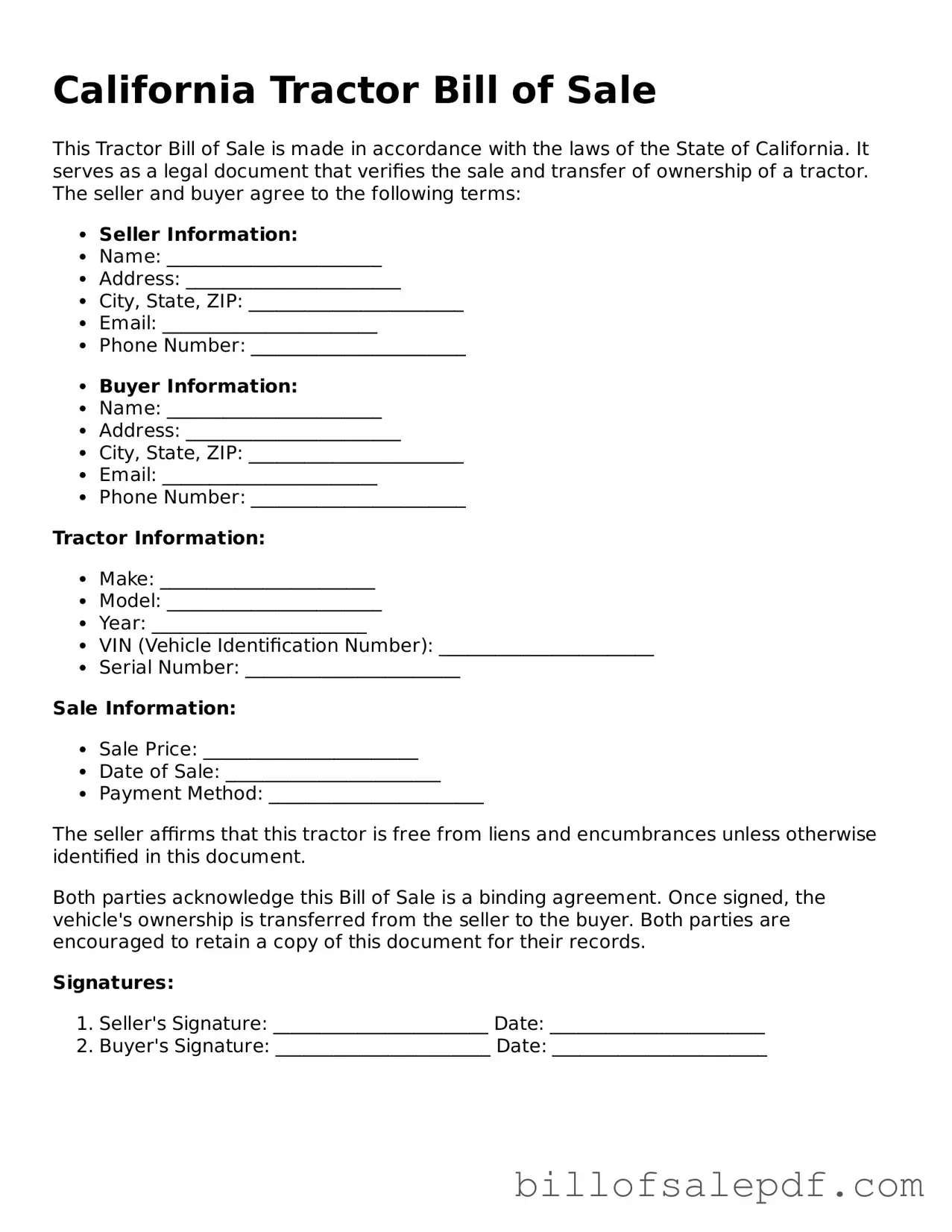 Legal California Tractor Bill of Sale Form