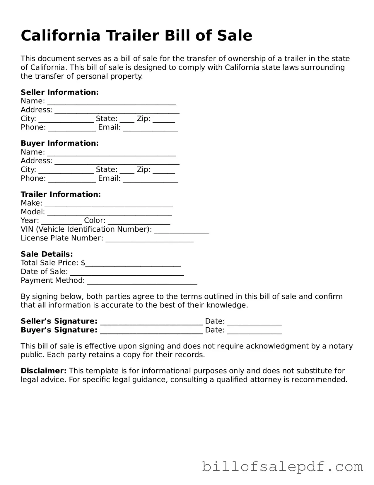Legal California Trailer Bill of Sale Form
