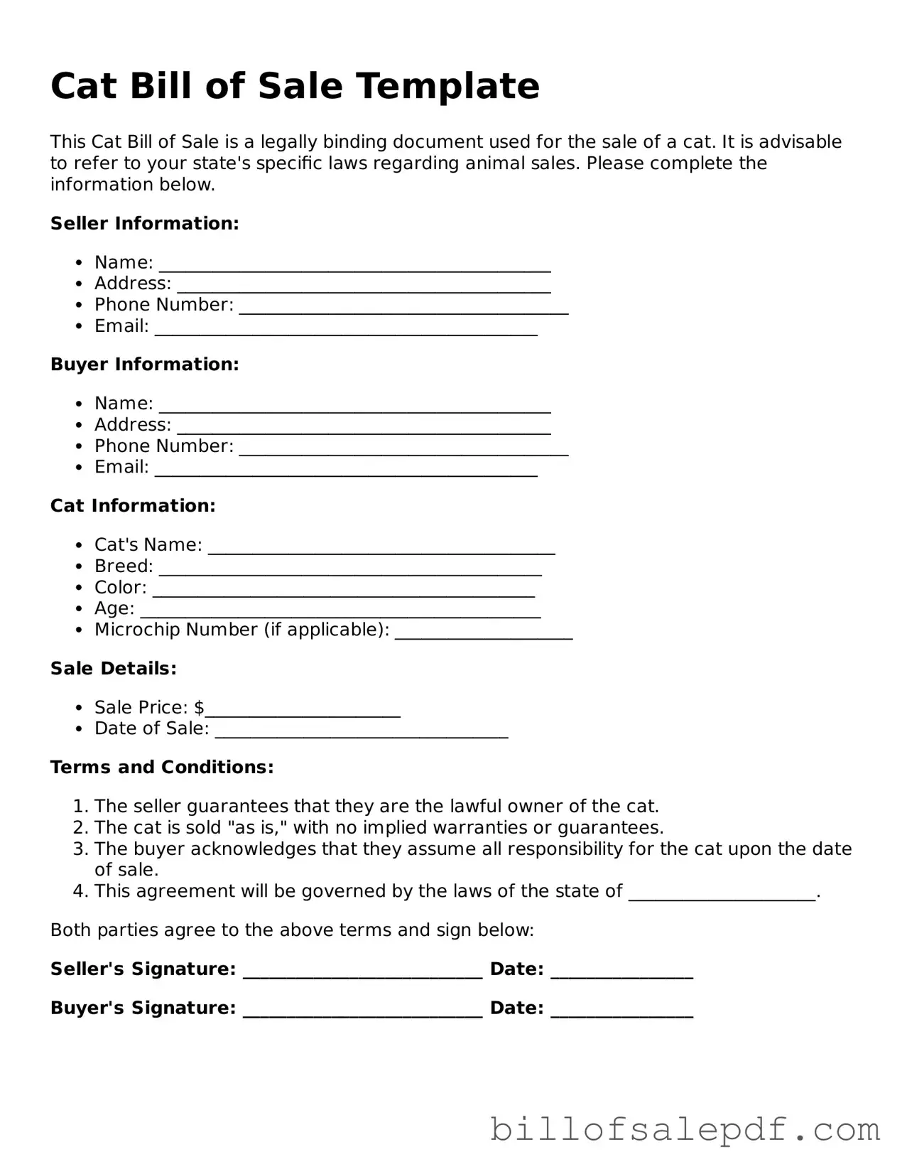 Fillable Cat Bill of Sale Document