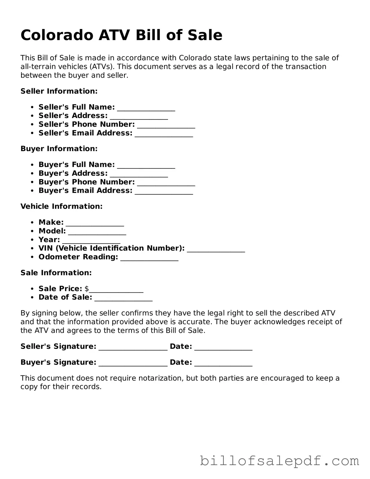 Legal Colorado ATV Bill of Sale Form