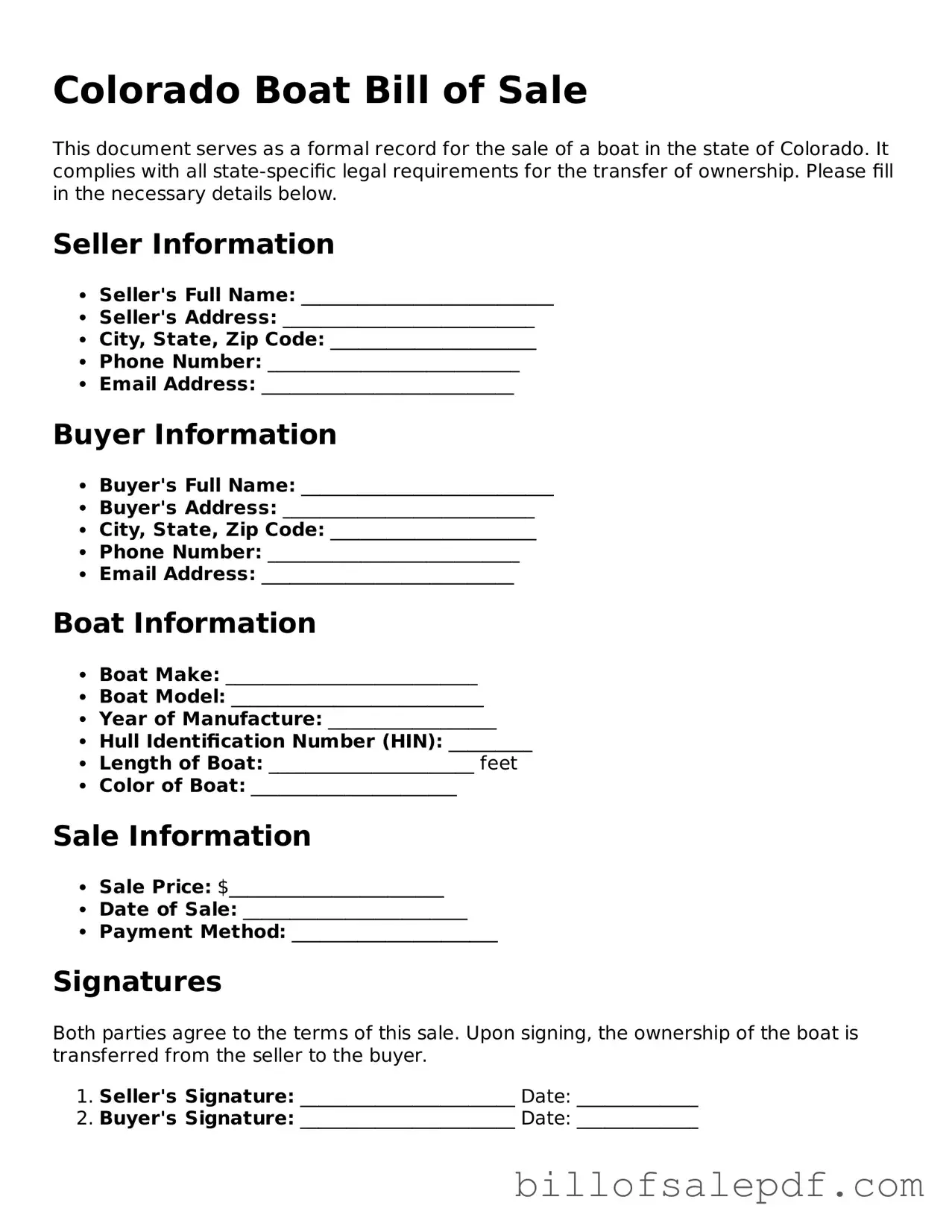 Legal Colorado Boat Bill of Sale Form