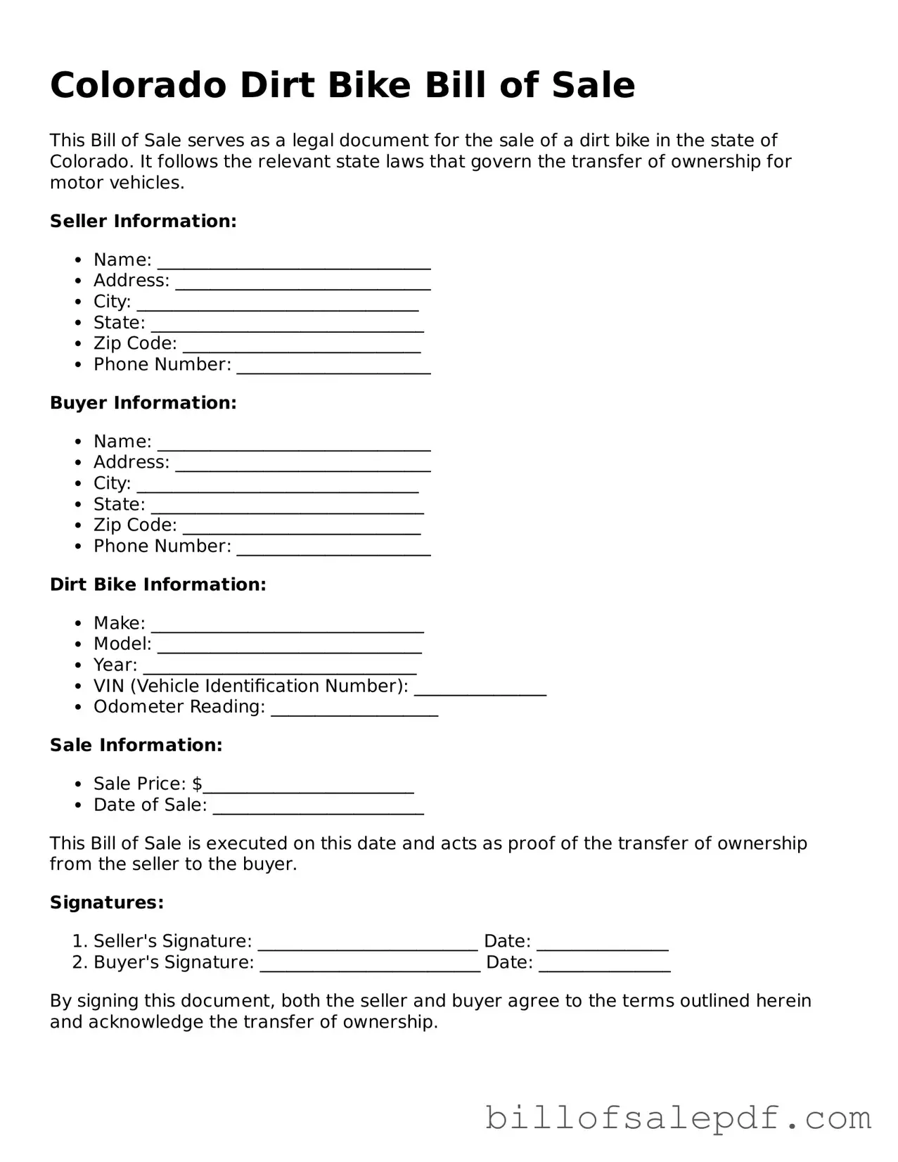 Legal Colorado Dirt Bike Bill of Sale Form
