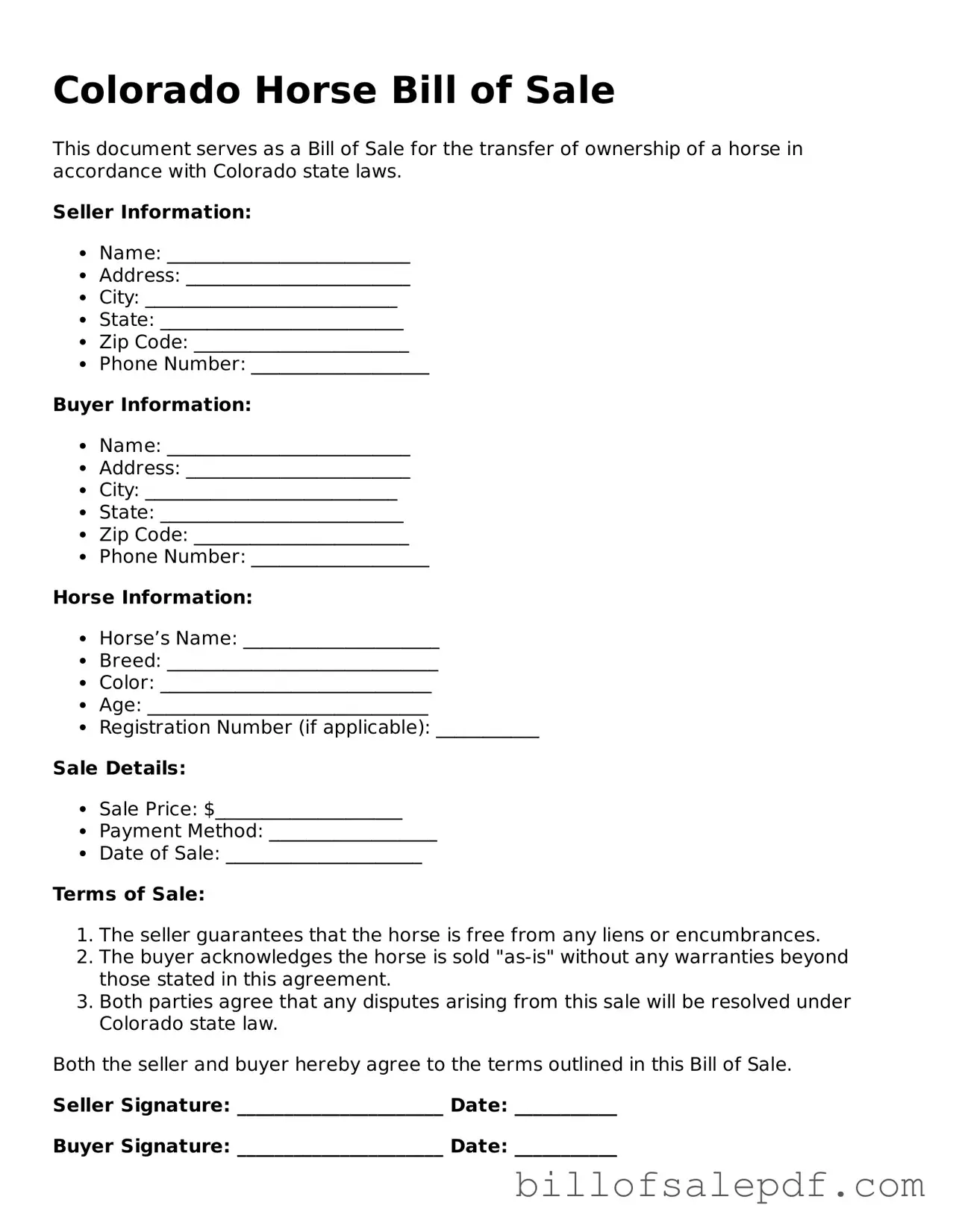 Legal Colorado Horse Bill of Sale Form