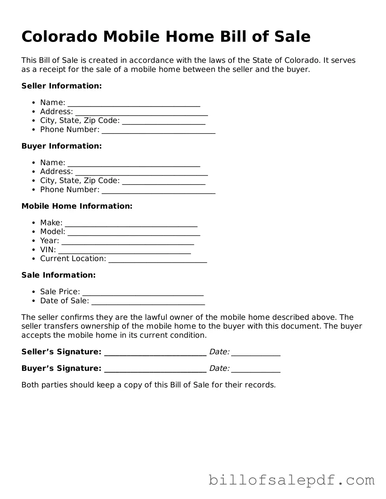 Legal Colorado Mobile Home Bill of Sale Form