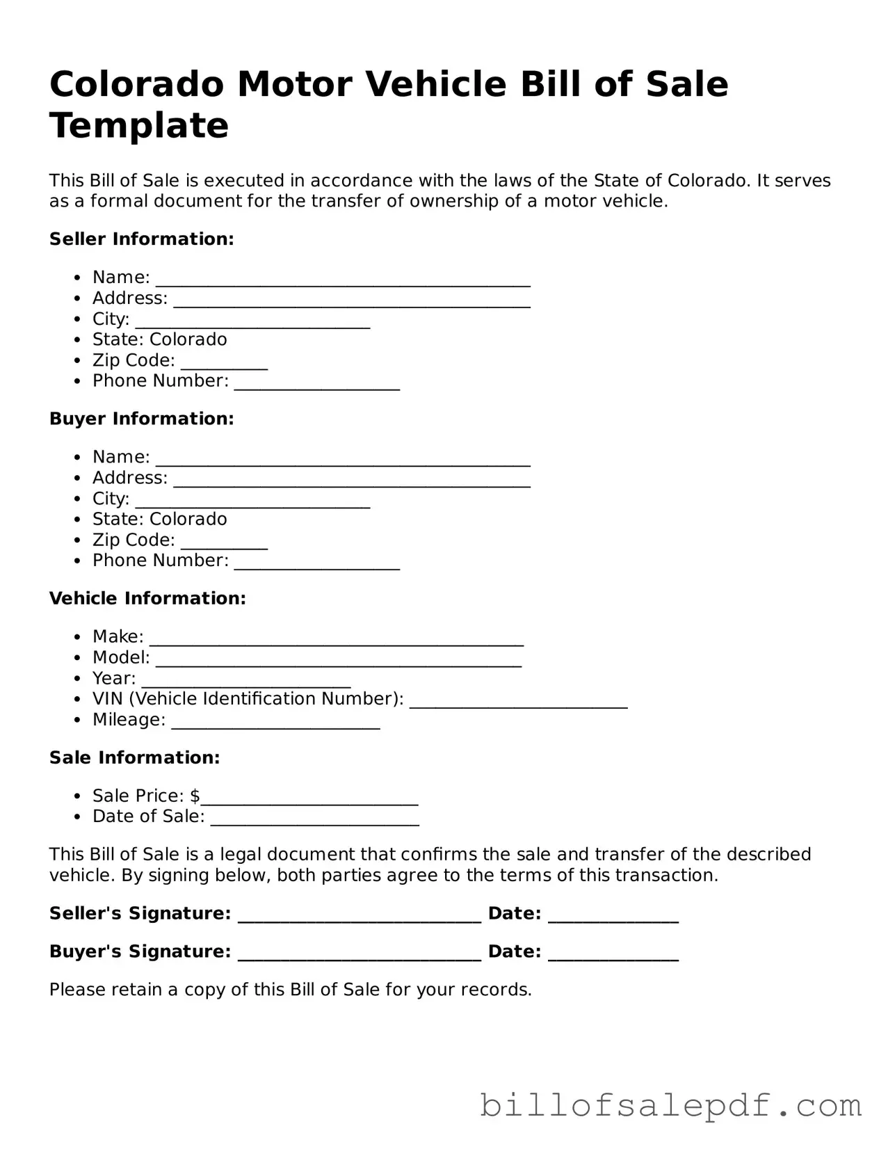 Legal Colorado Motor Vehicle Bill of Sale Form
