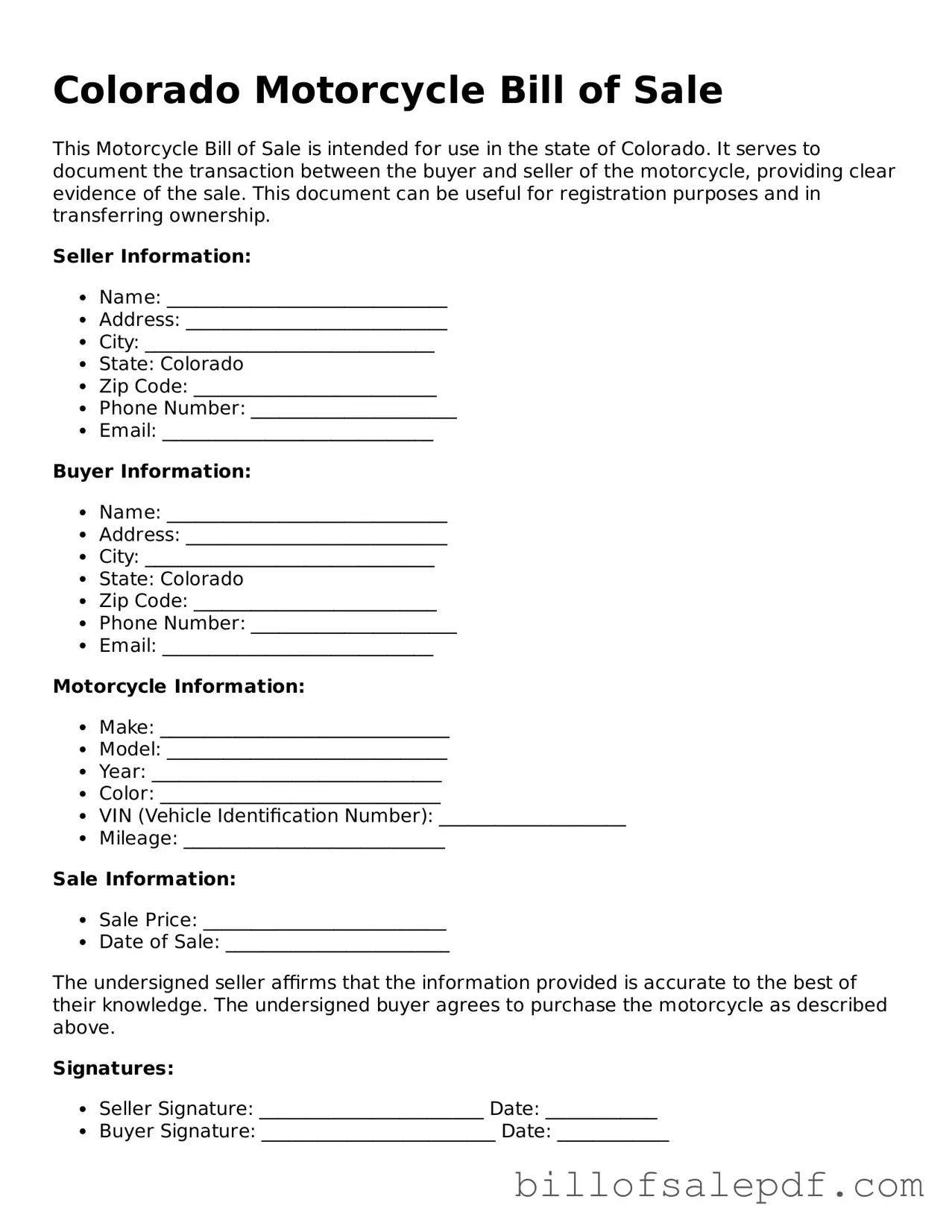 Legal Colorado Motorcycle Bill of Sale Form