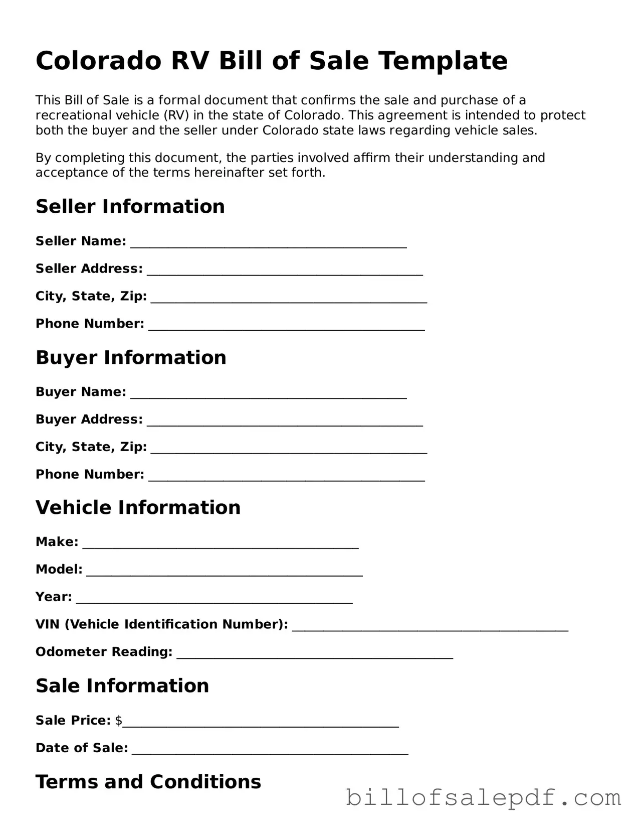 Legal Colorado RV Bill of Sale Form