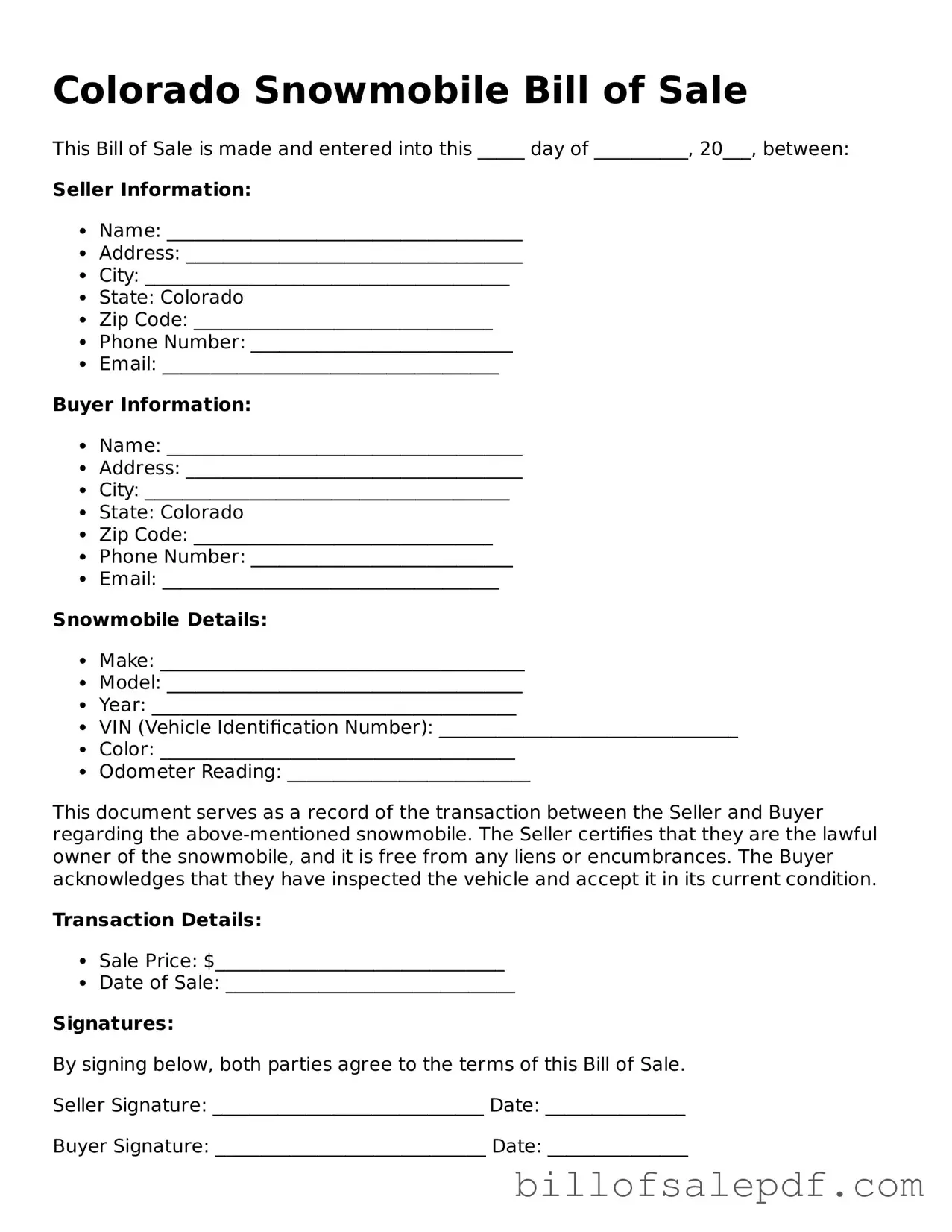 Legal Colorado Snowmobile Bill of Sale Form