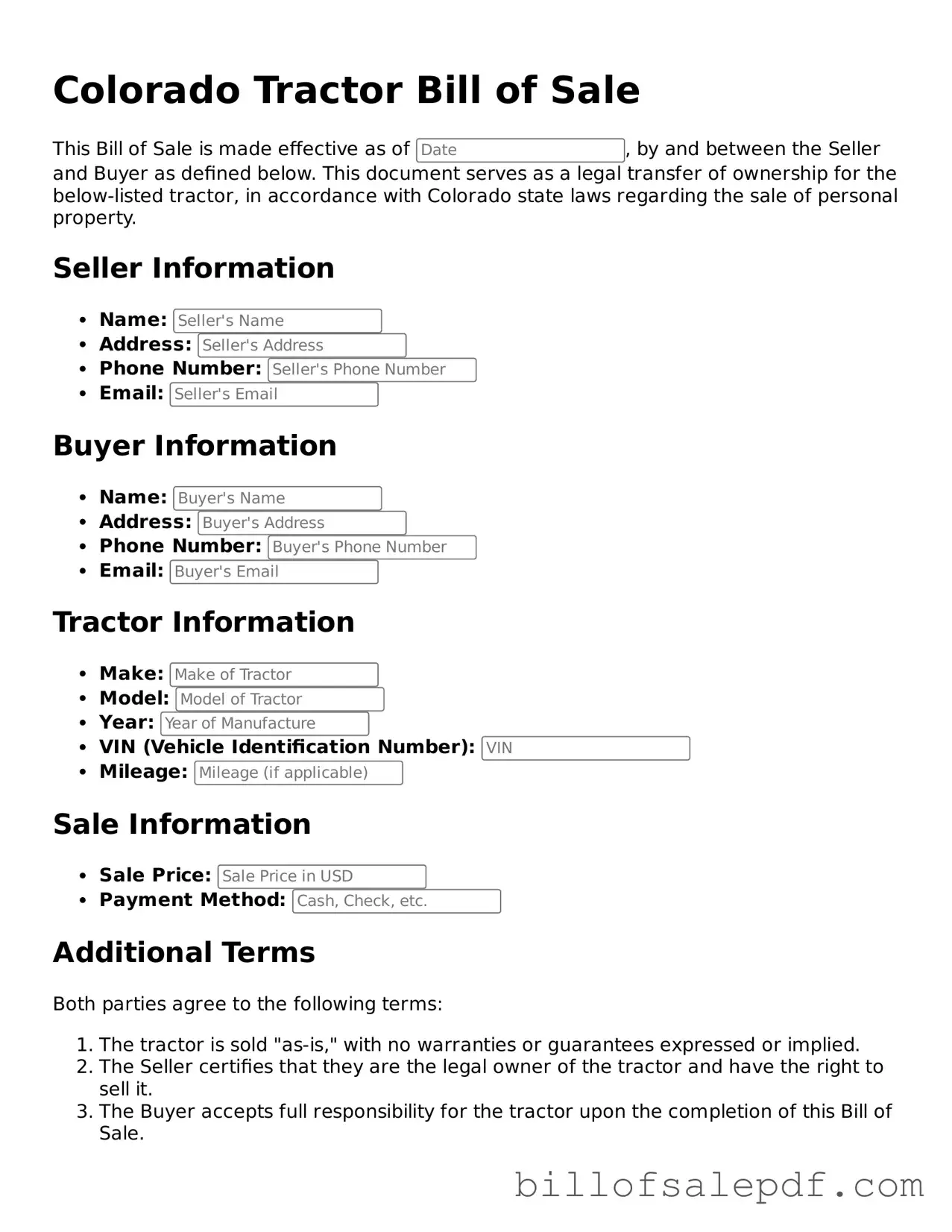 Legal Colorado Tractor Bill of Sale Form