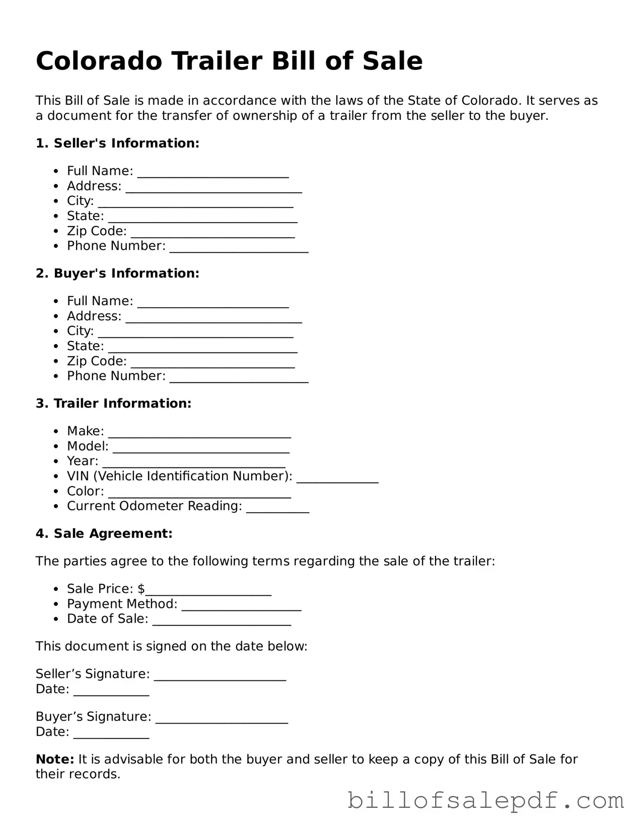 Legal Colorado Trailer Bill of Sale Form