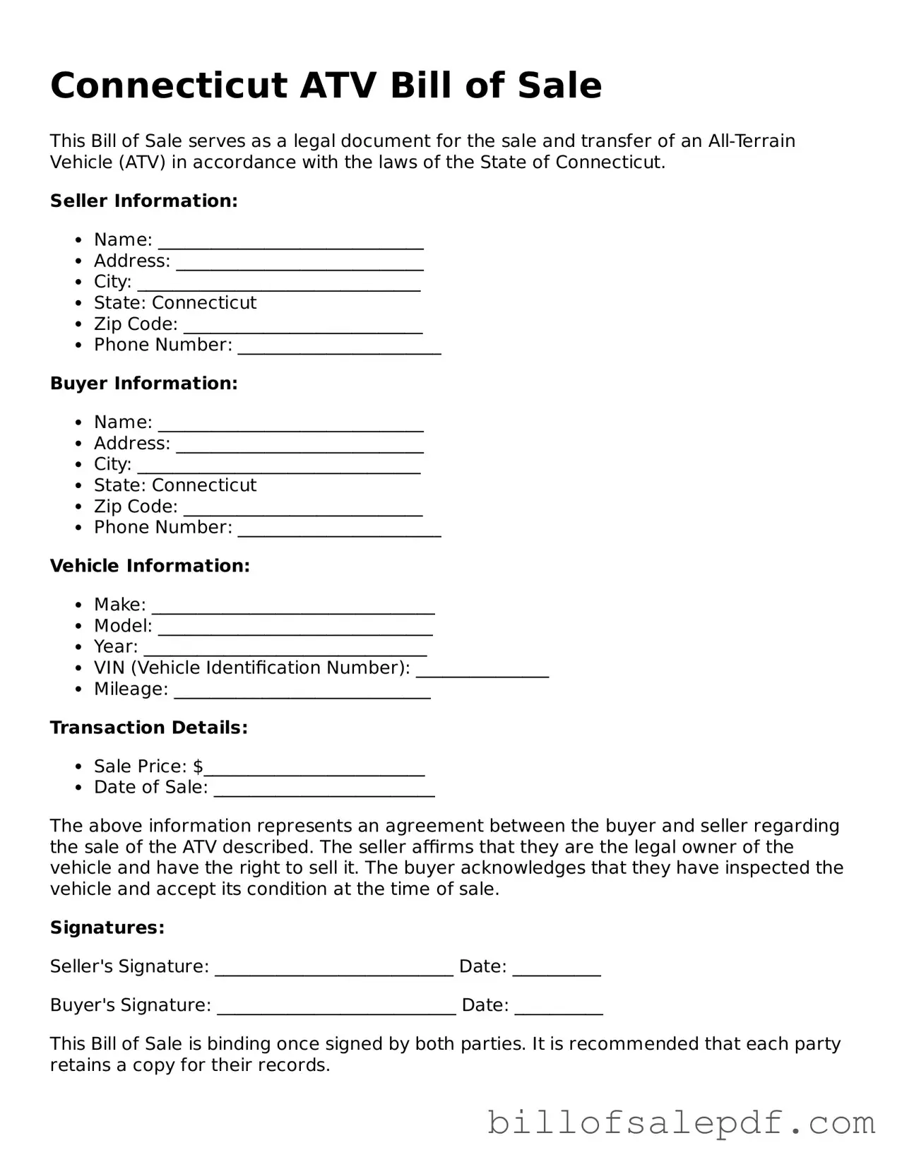 Legal Connecticut ATV Bill of Sale Form