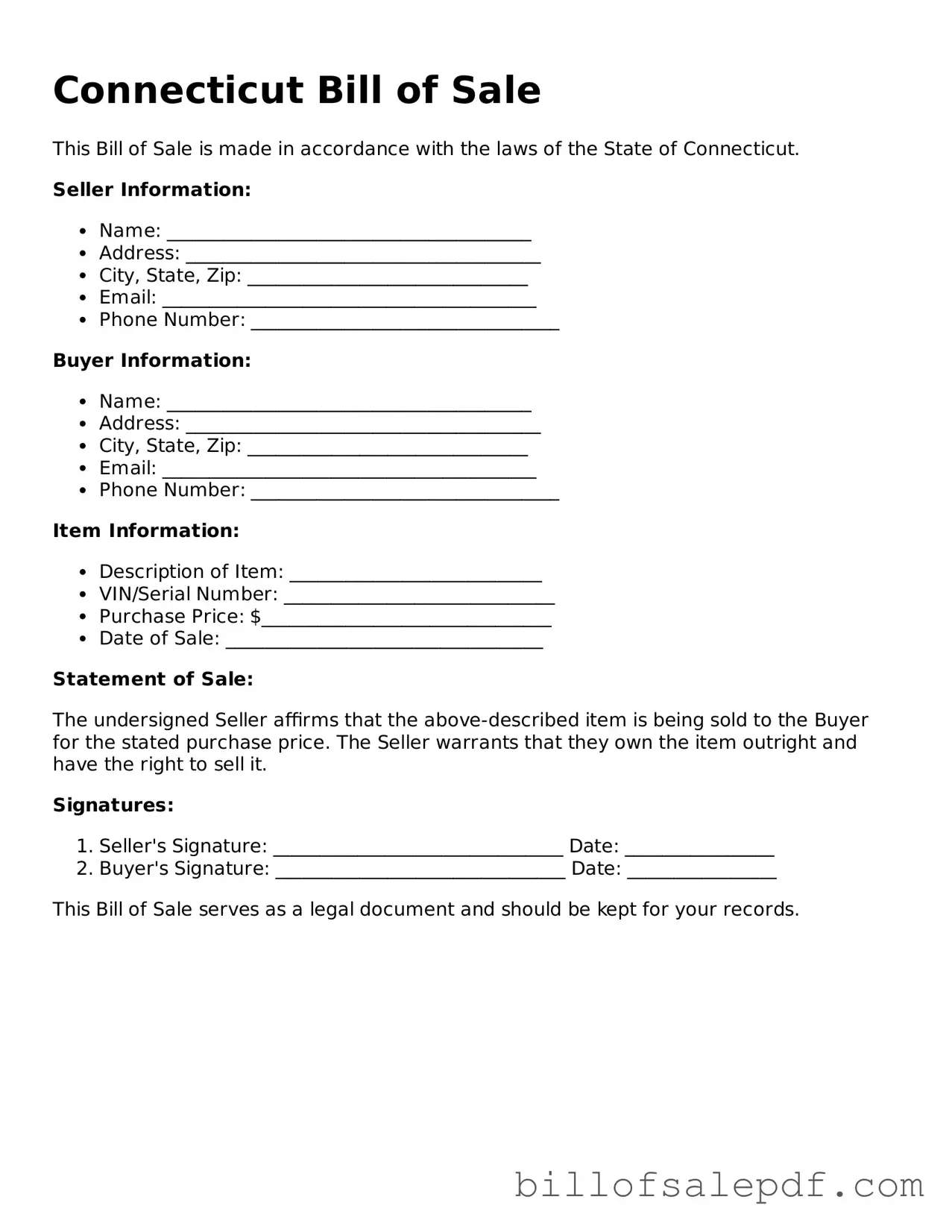 Legal Connecticut Bill of Sale Form