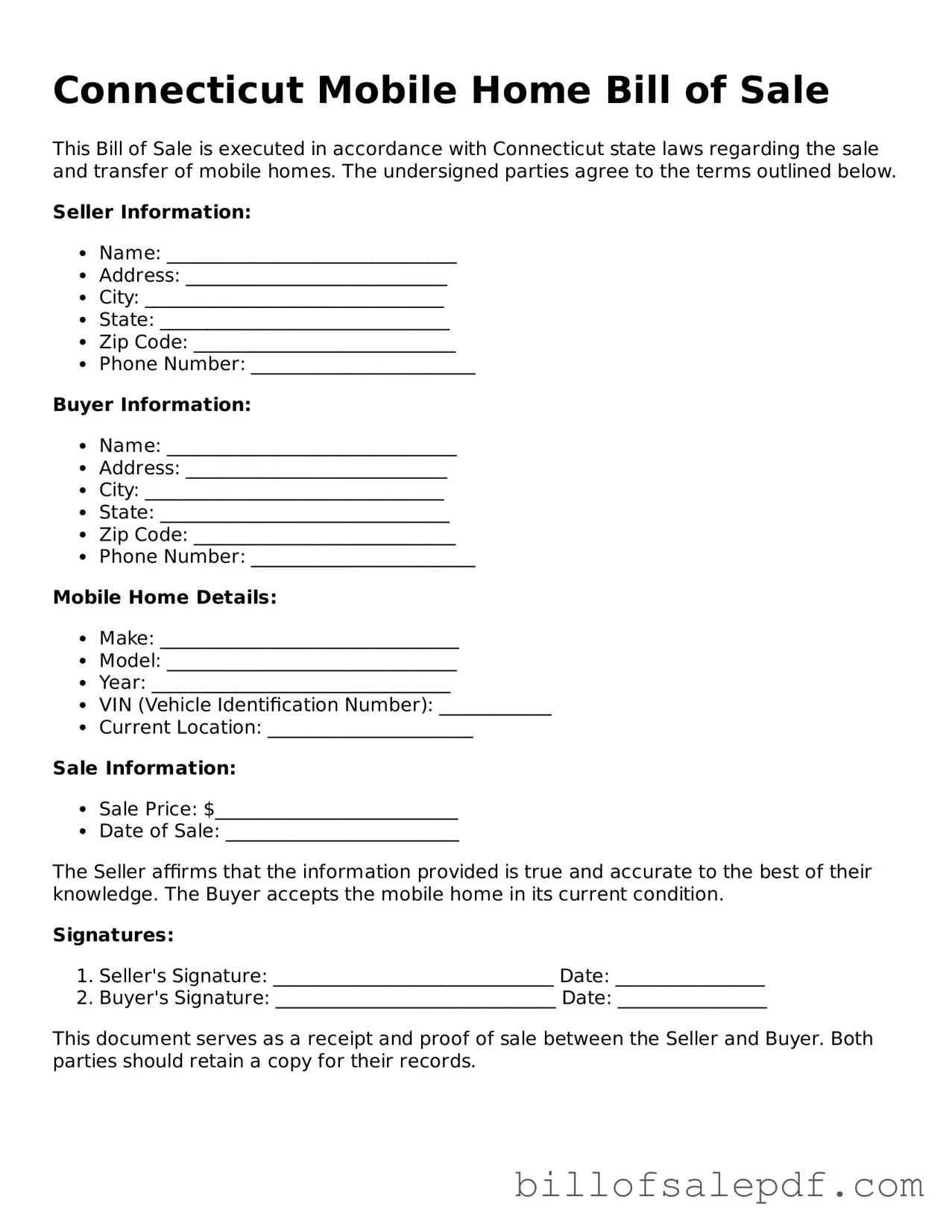 Legal Connecticut Mobile Home Bill of Sale Form