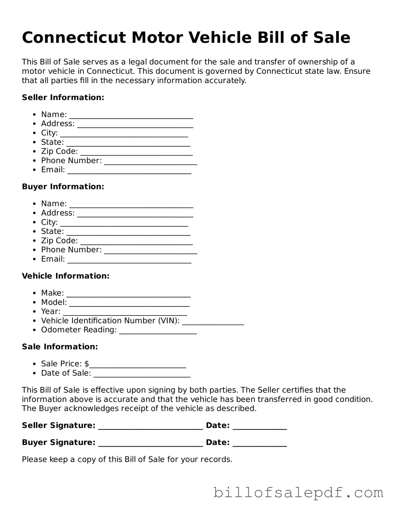 Legal Connecticut Motor Vehicle Bill of Sale Form