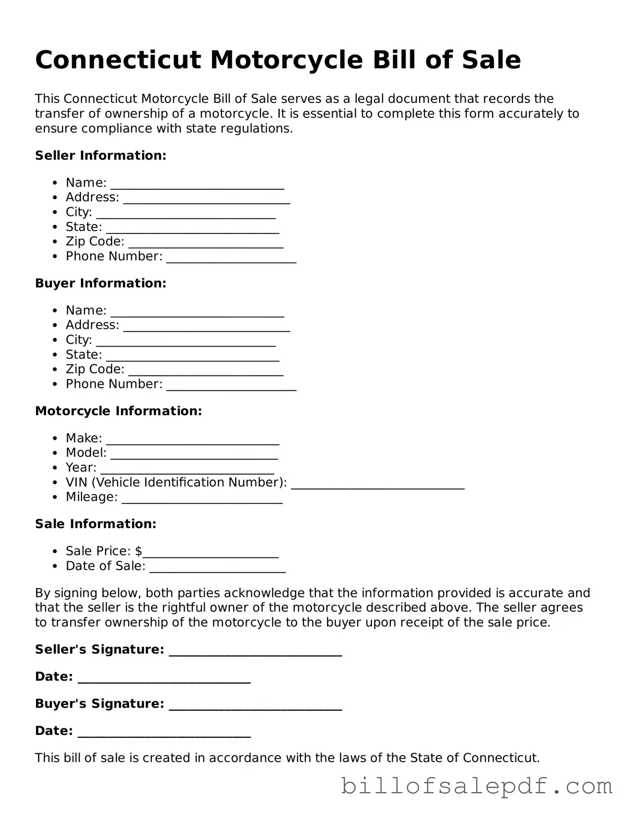 Legal Connecticut Motorcycle Bill of Sale Form
