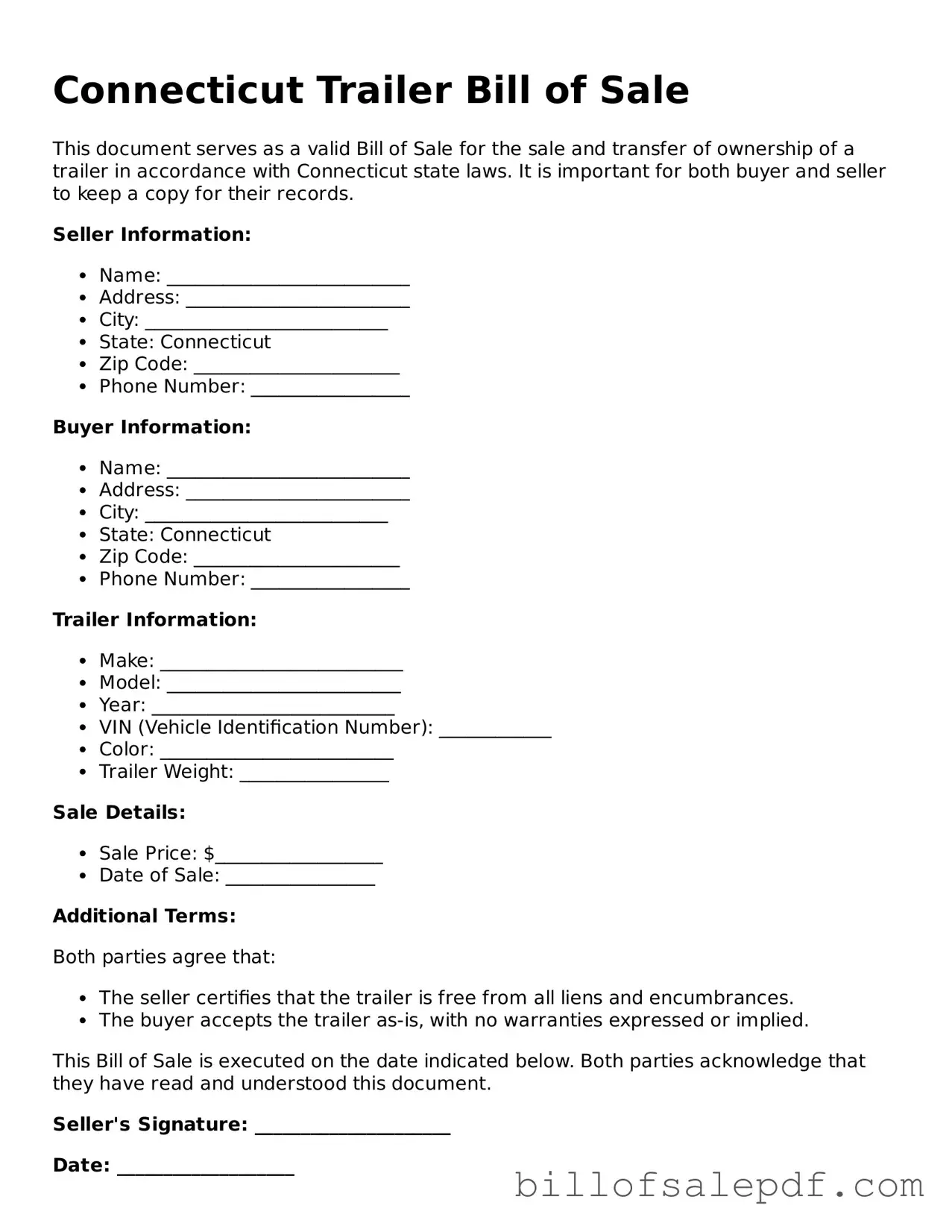 Legal Connecticut Trailer Bill of Sale Form