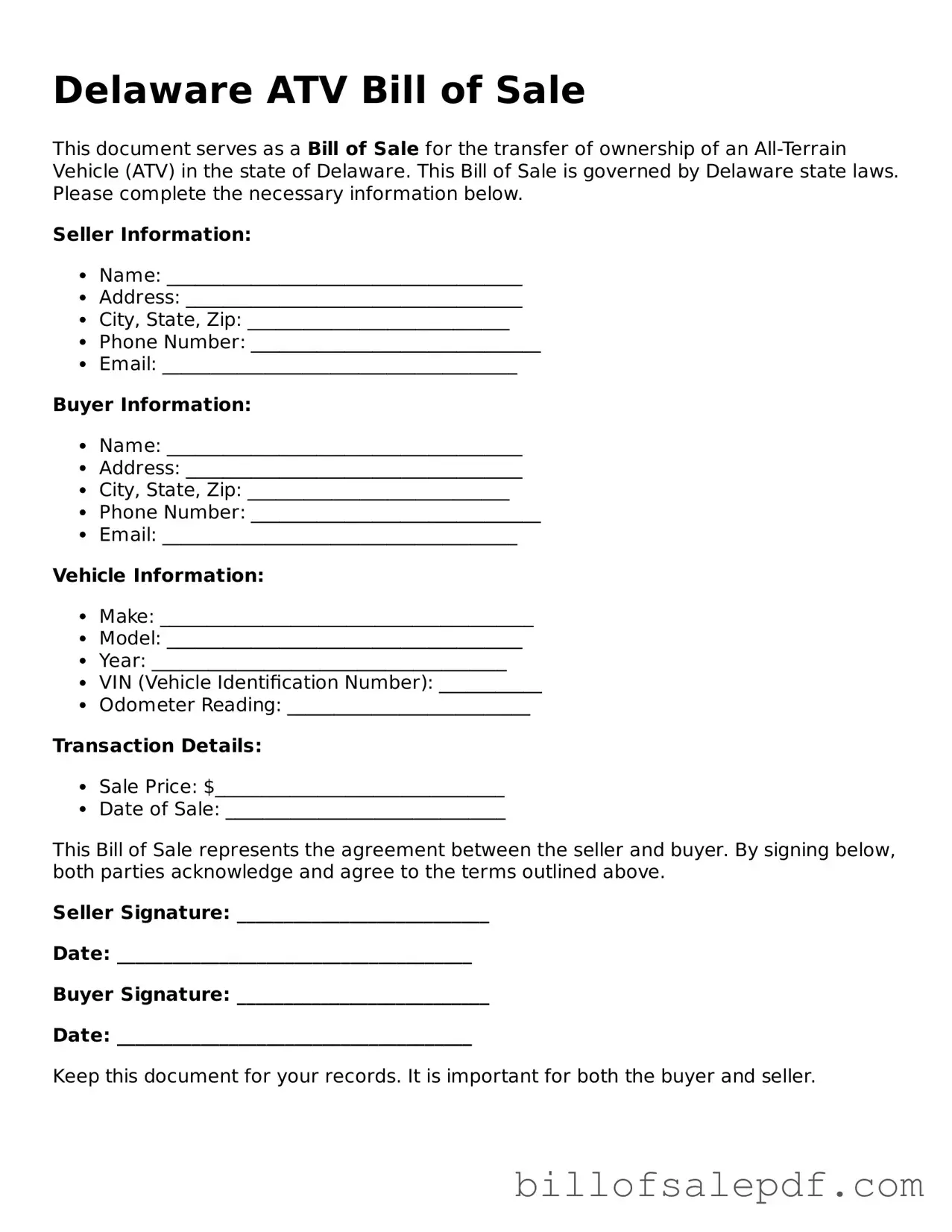 Legal Delaware ATV Bill of Sale Form