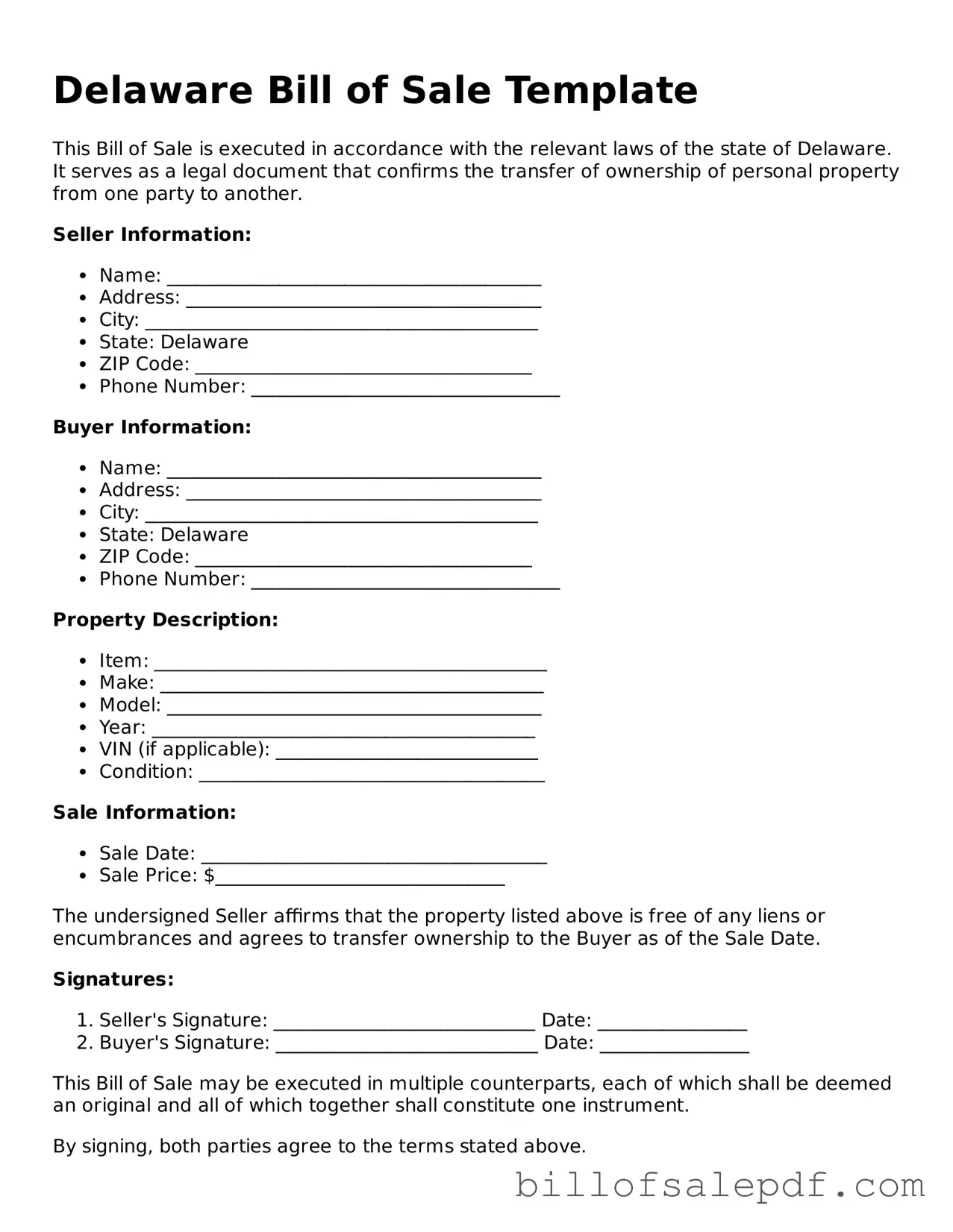 Legal Delaware Bill of Sale Form