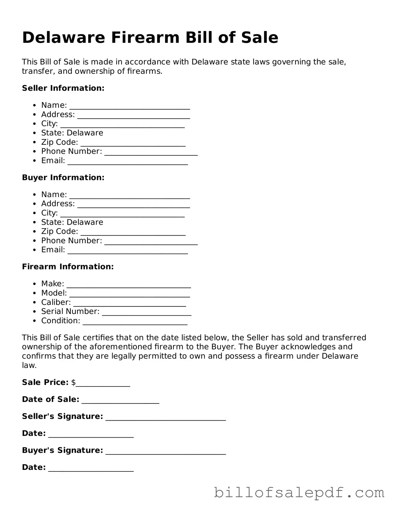 Legal Delaware Firearm Bill of Sale Form