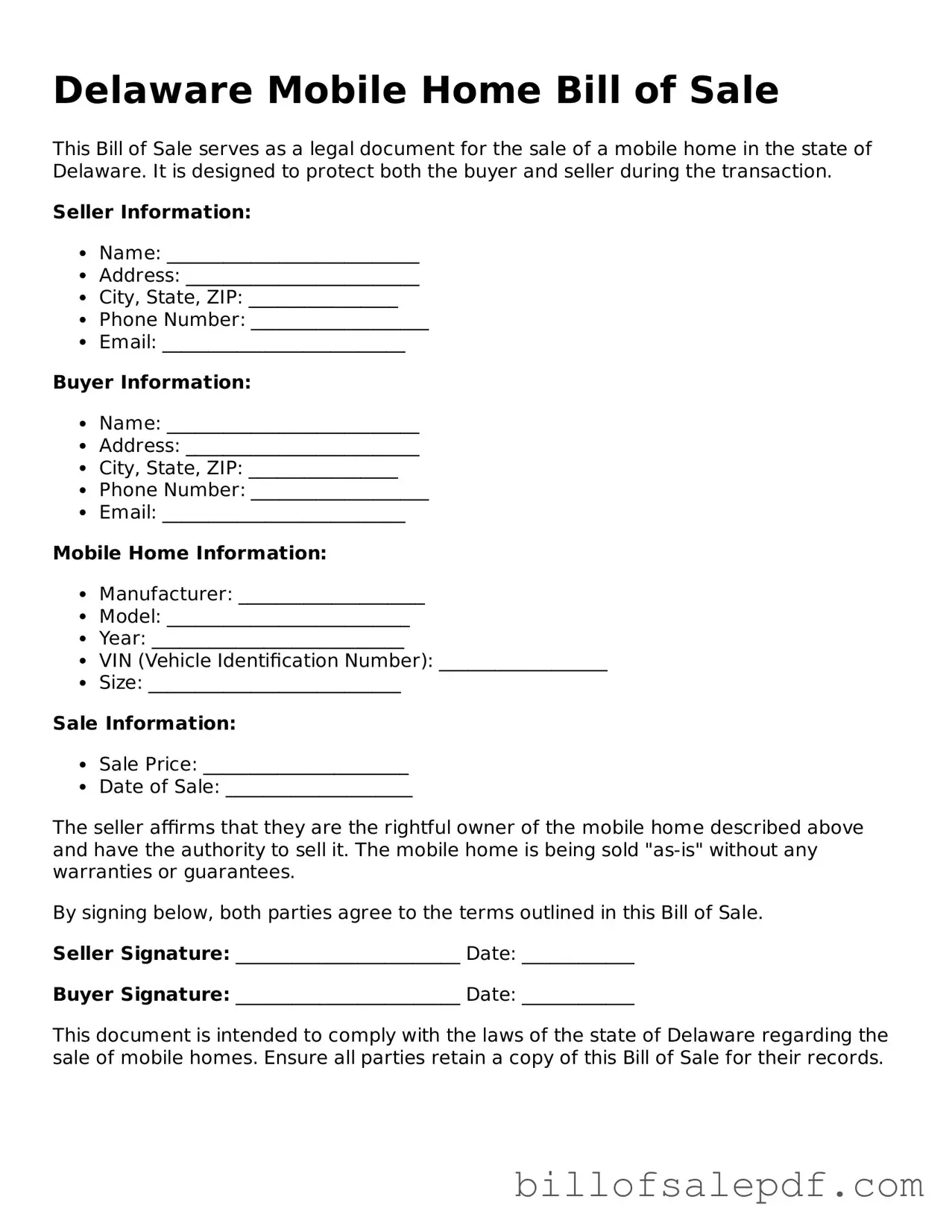 Legal Delaware Mobile Home Bill of Sale Form