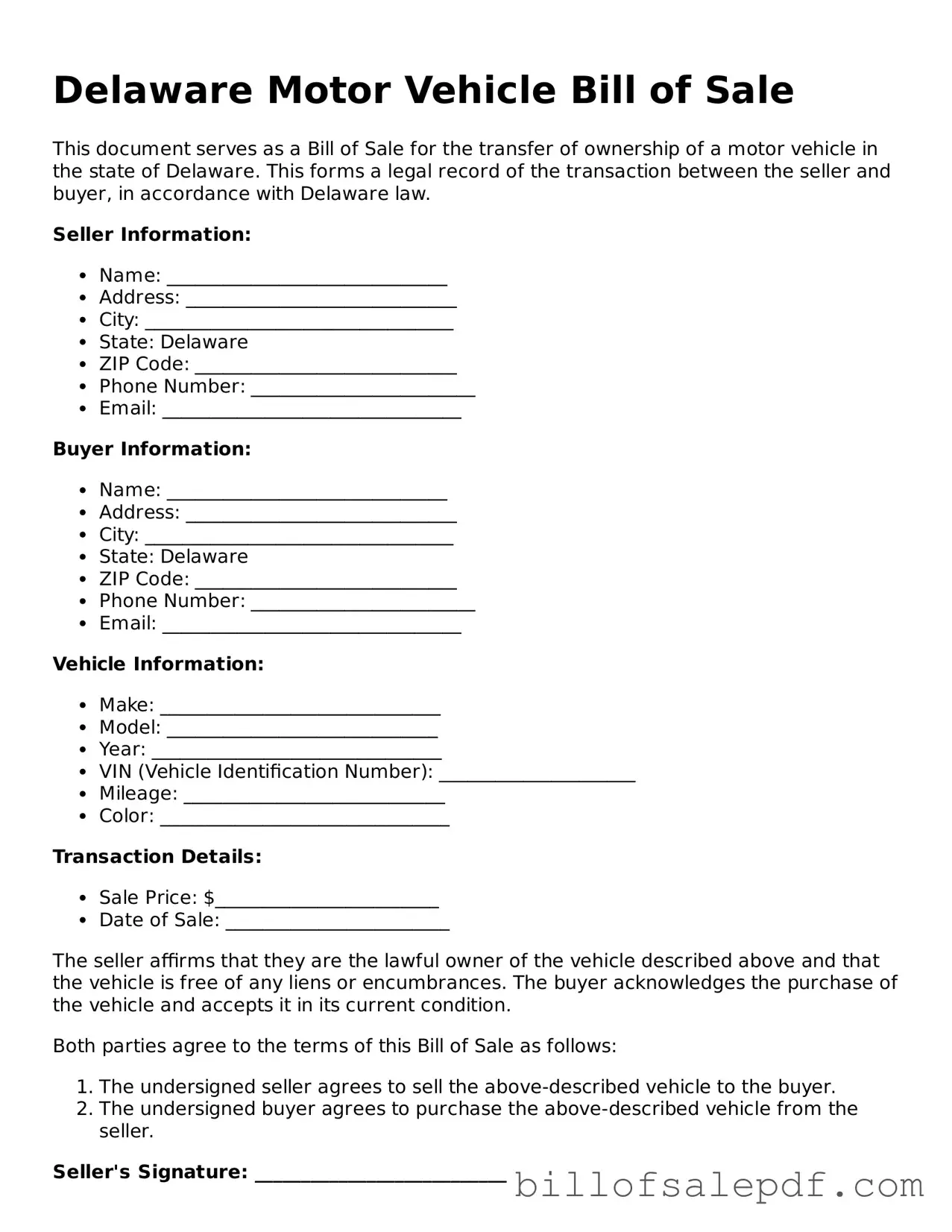 Legal Delaware Motor Vehicle Bill of Sale Form