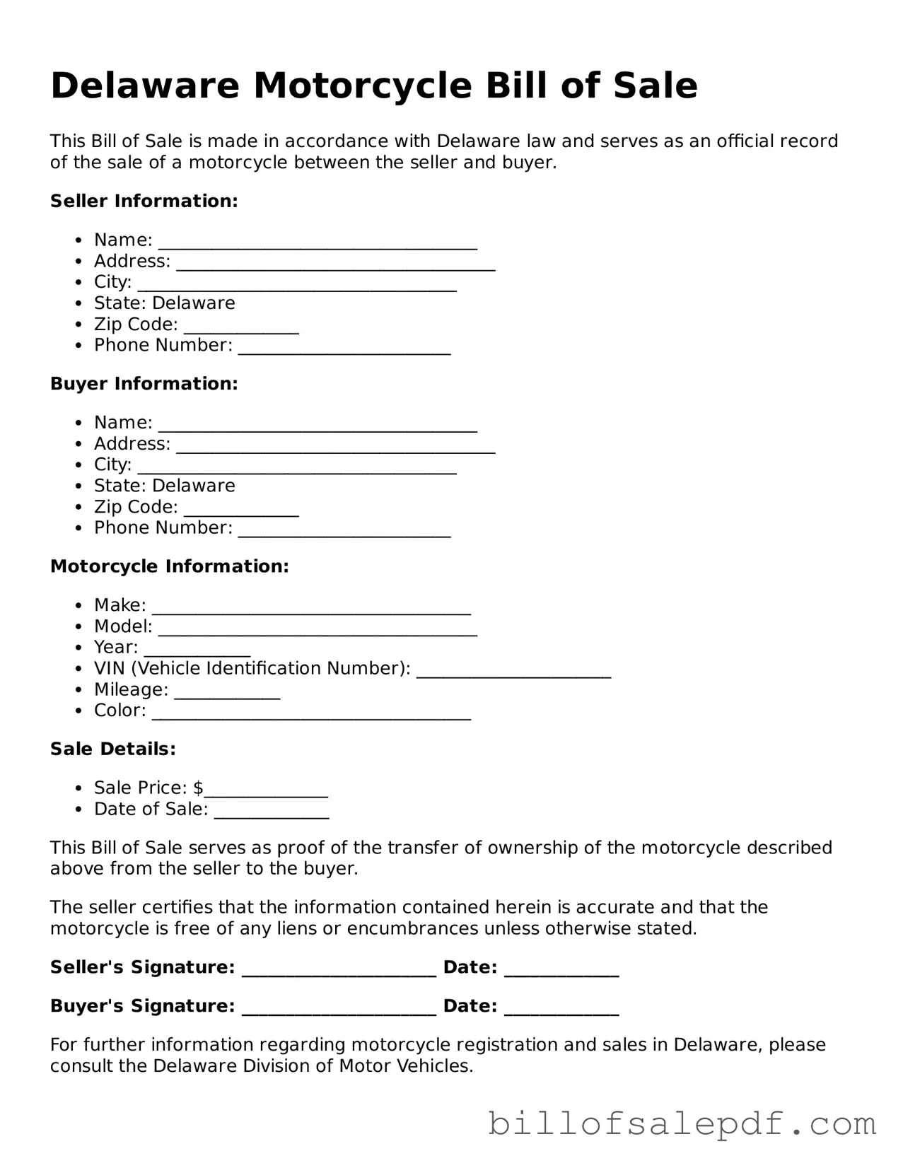 Legal Delaware Motorcycle Bill of Sale Form