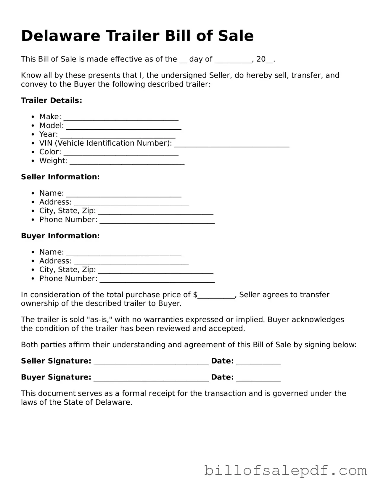 Legal Delaware Trailer Bill of Sale Form