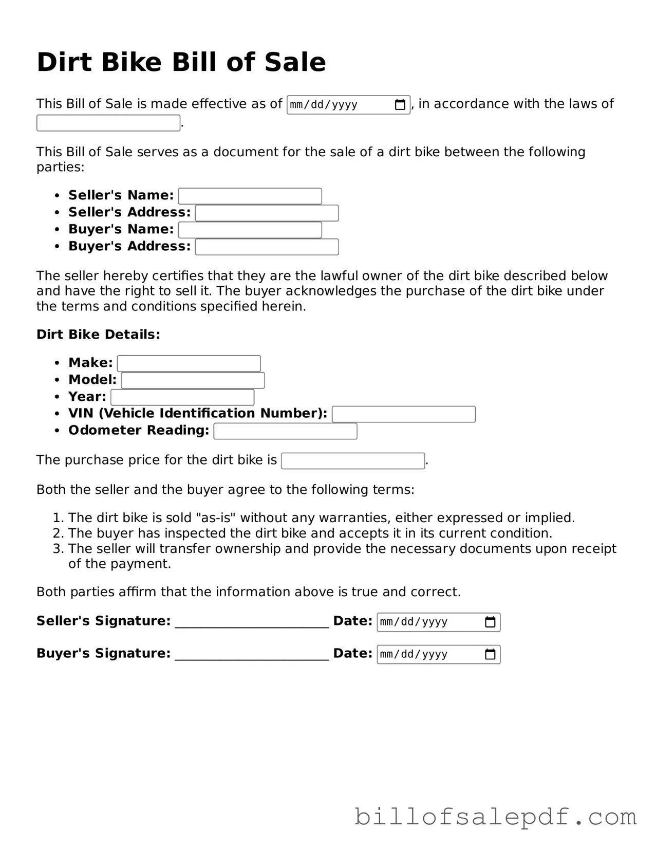 Fillable Dirt Bike Bill of Sale Document