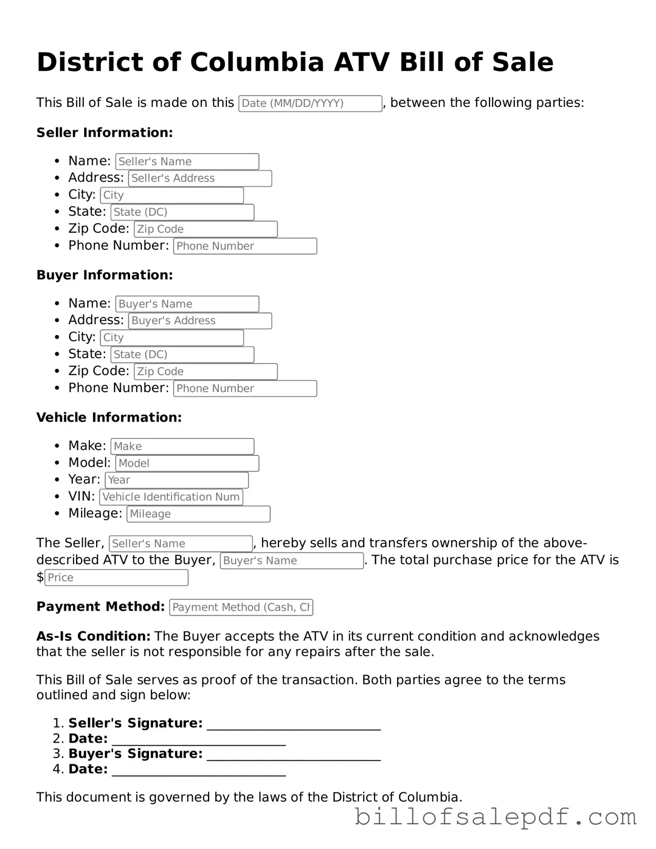Legal District of Columbia ATV Bill of Sale Form