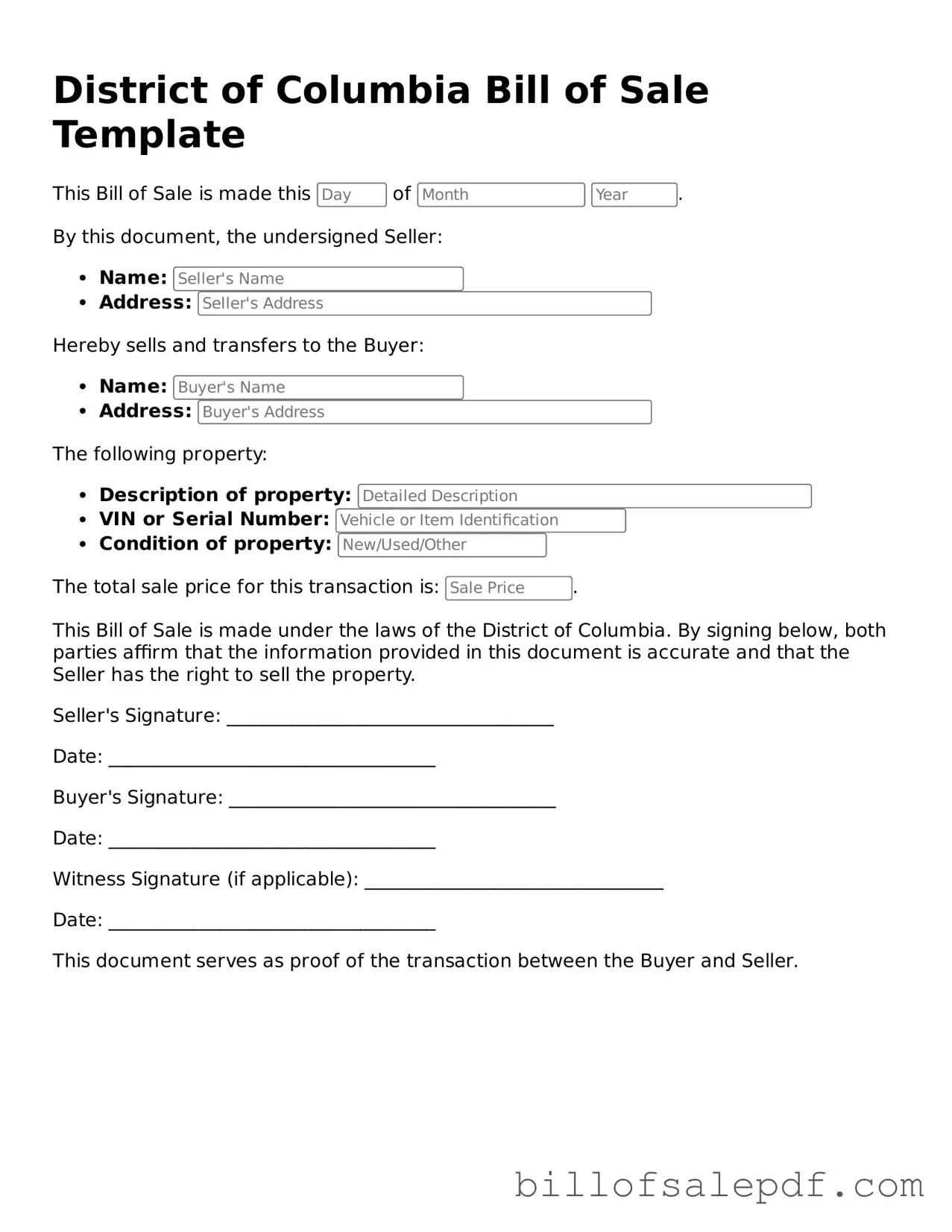 Legal District of Columbia Bill of Sale Form