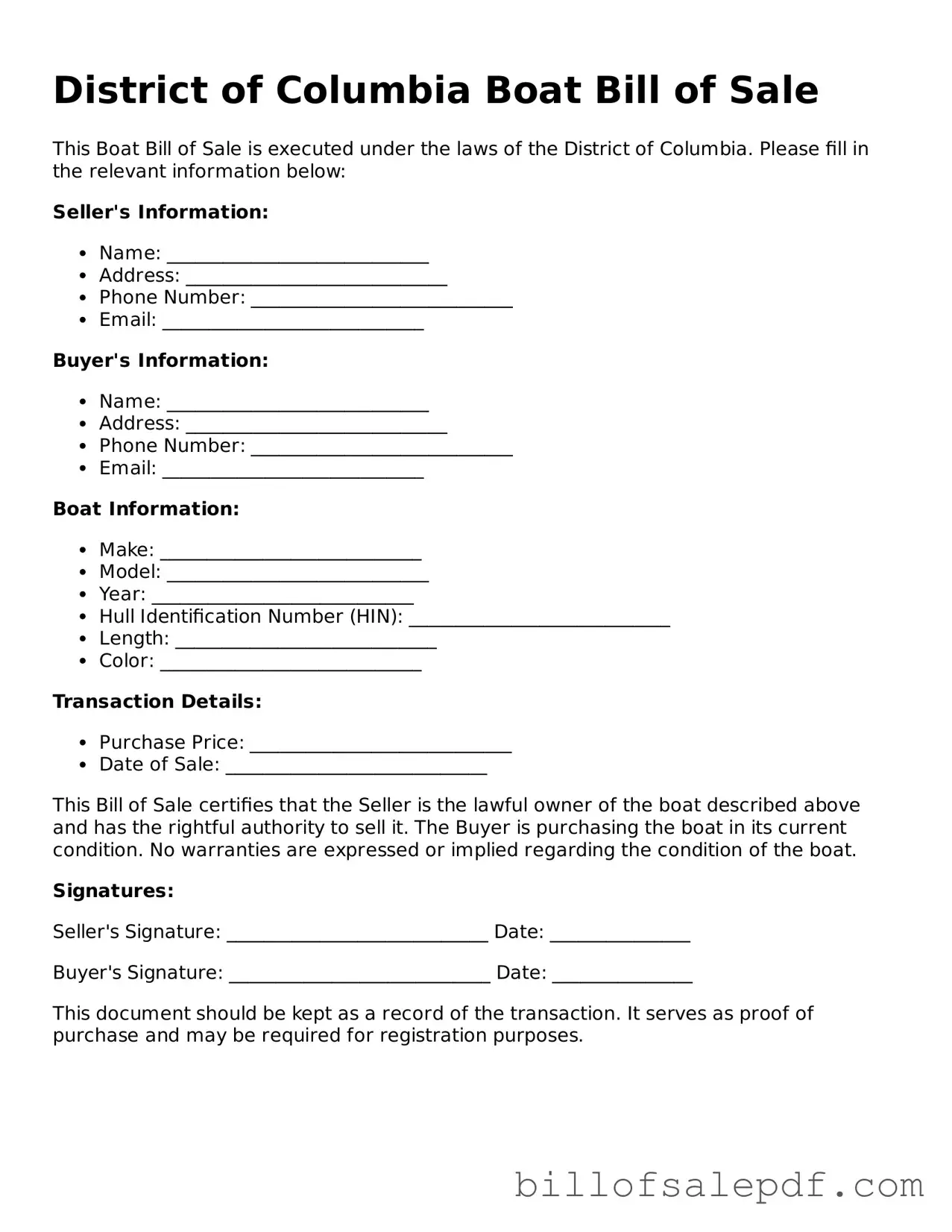 Legal District of Columbia Boat Bill of Sale Form
