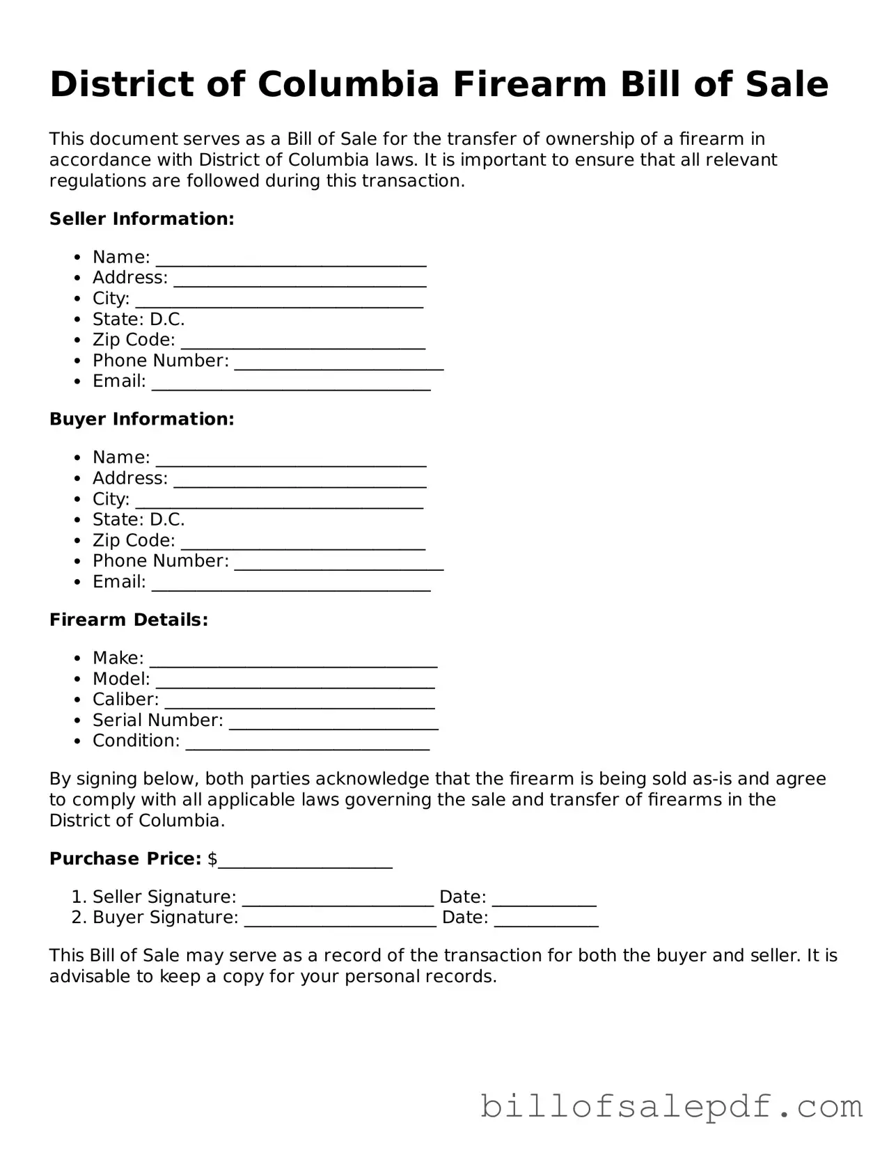 Legal District of Columbia Firearm Bill of Sale Form