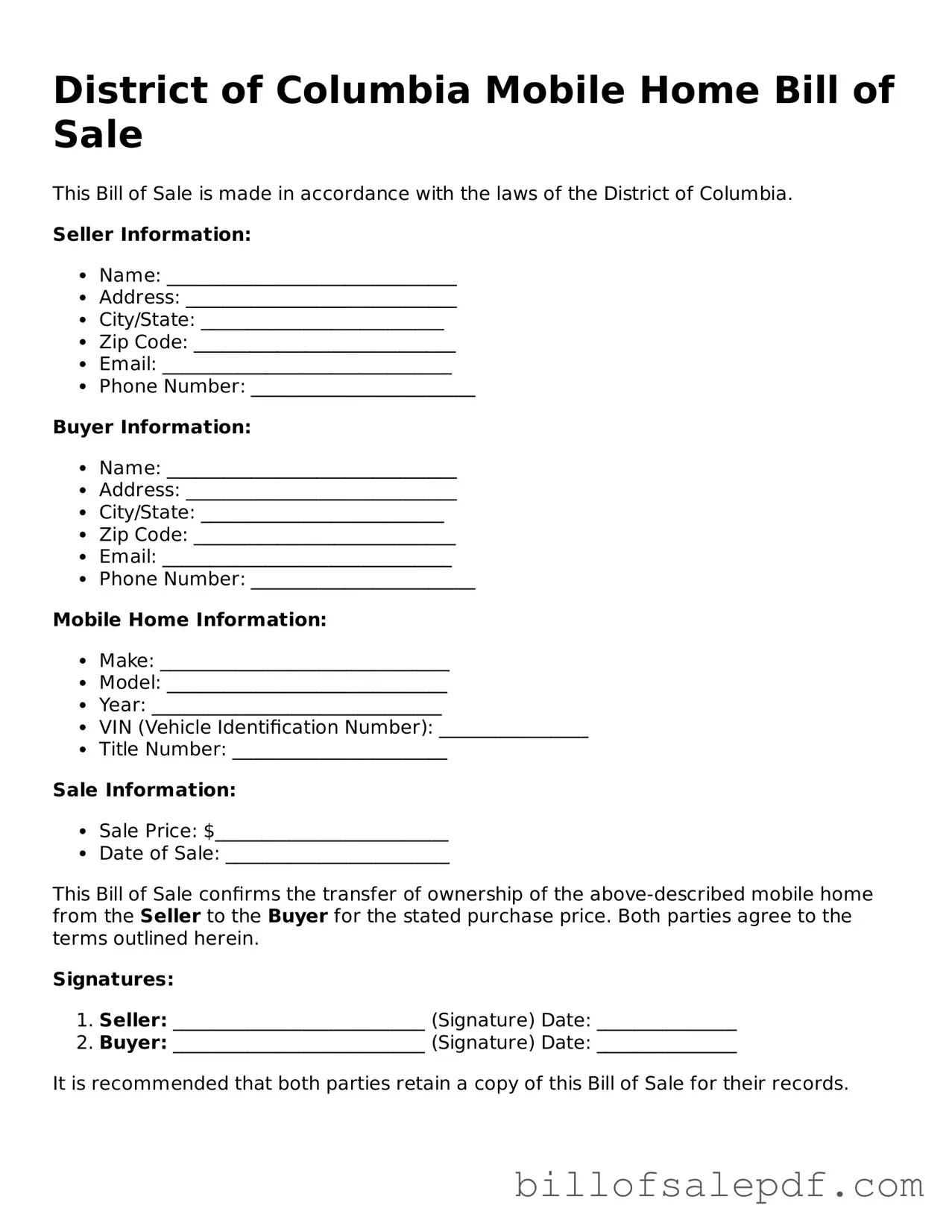 Legal District of Columbia Mobile Home Bill of Sale Form