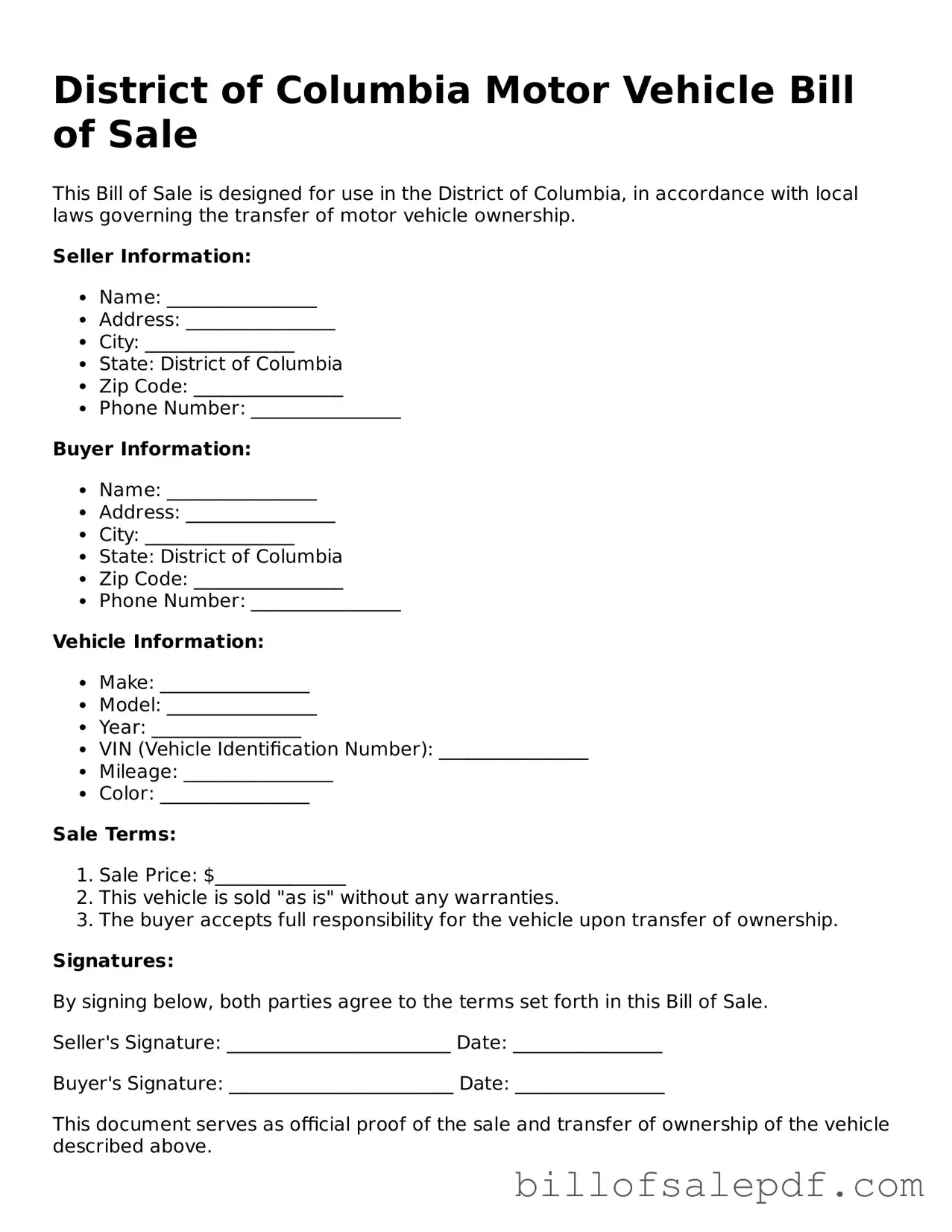 Legal District of Columbia Motor Vehicle Bill of Sale Form
