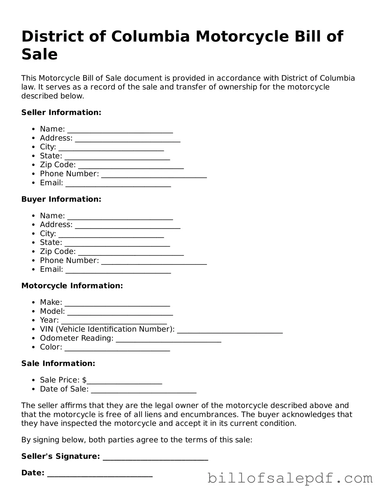 Legal District of Columbia Motorcycle Bill of Sale Form