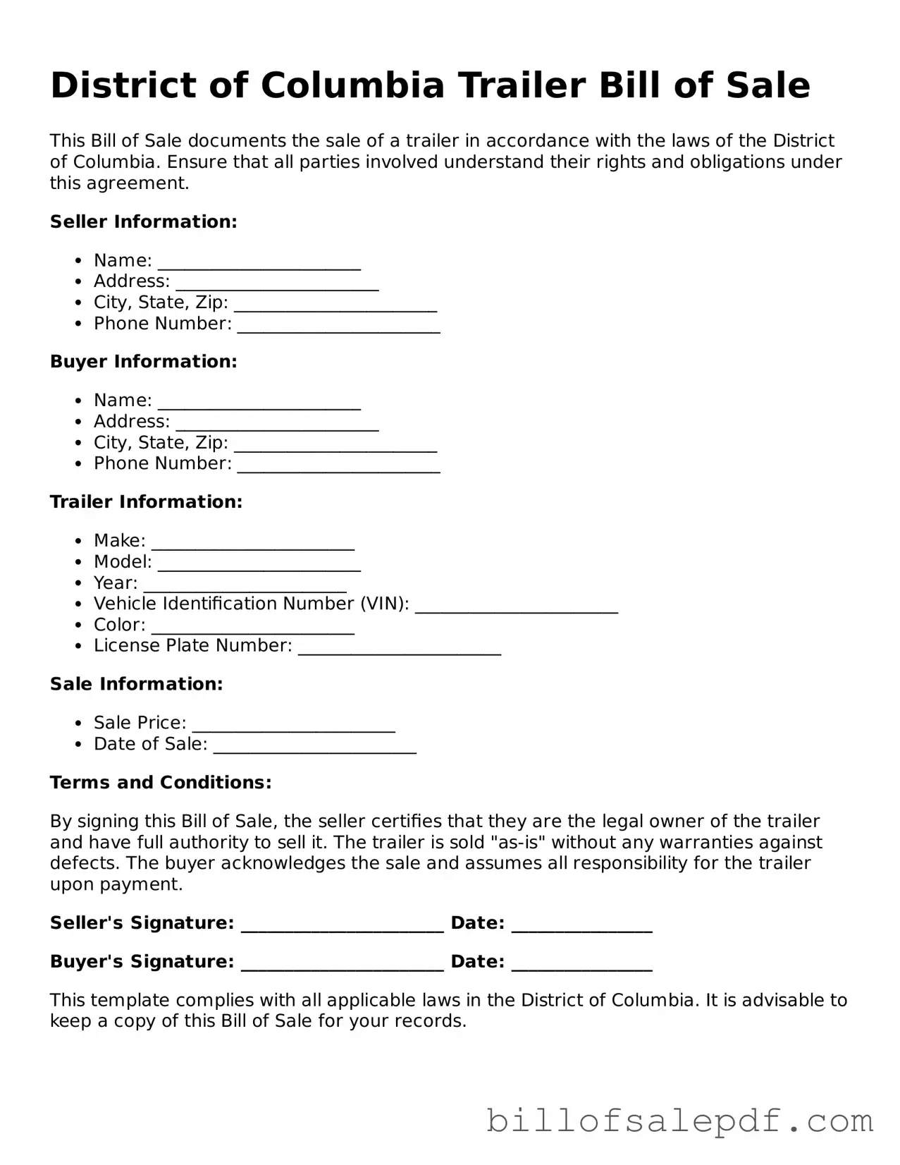 Legal District of Columbia Trailer Bill of Sale Form