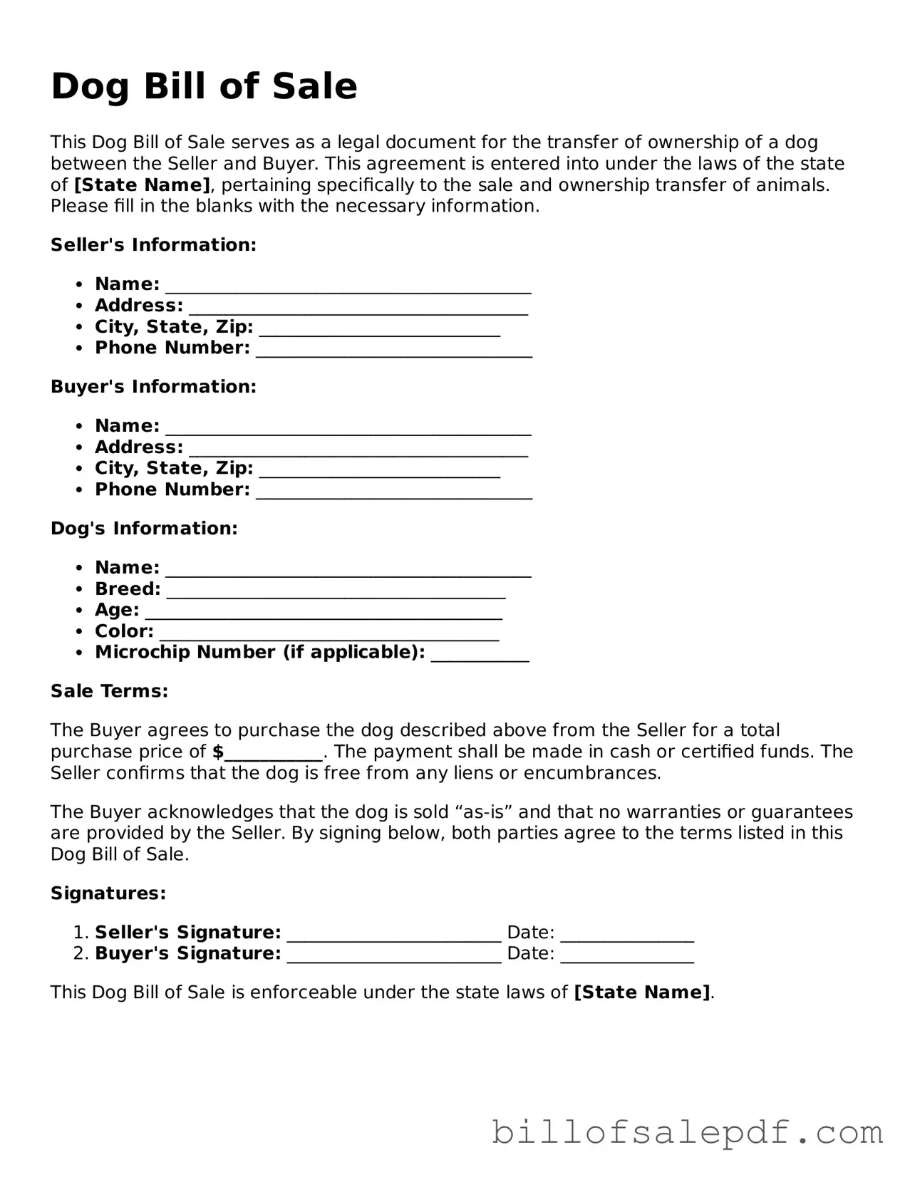 Fillable Dog Bill of Sale Document
