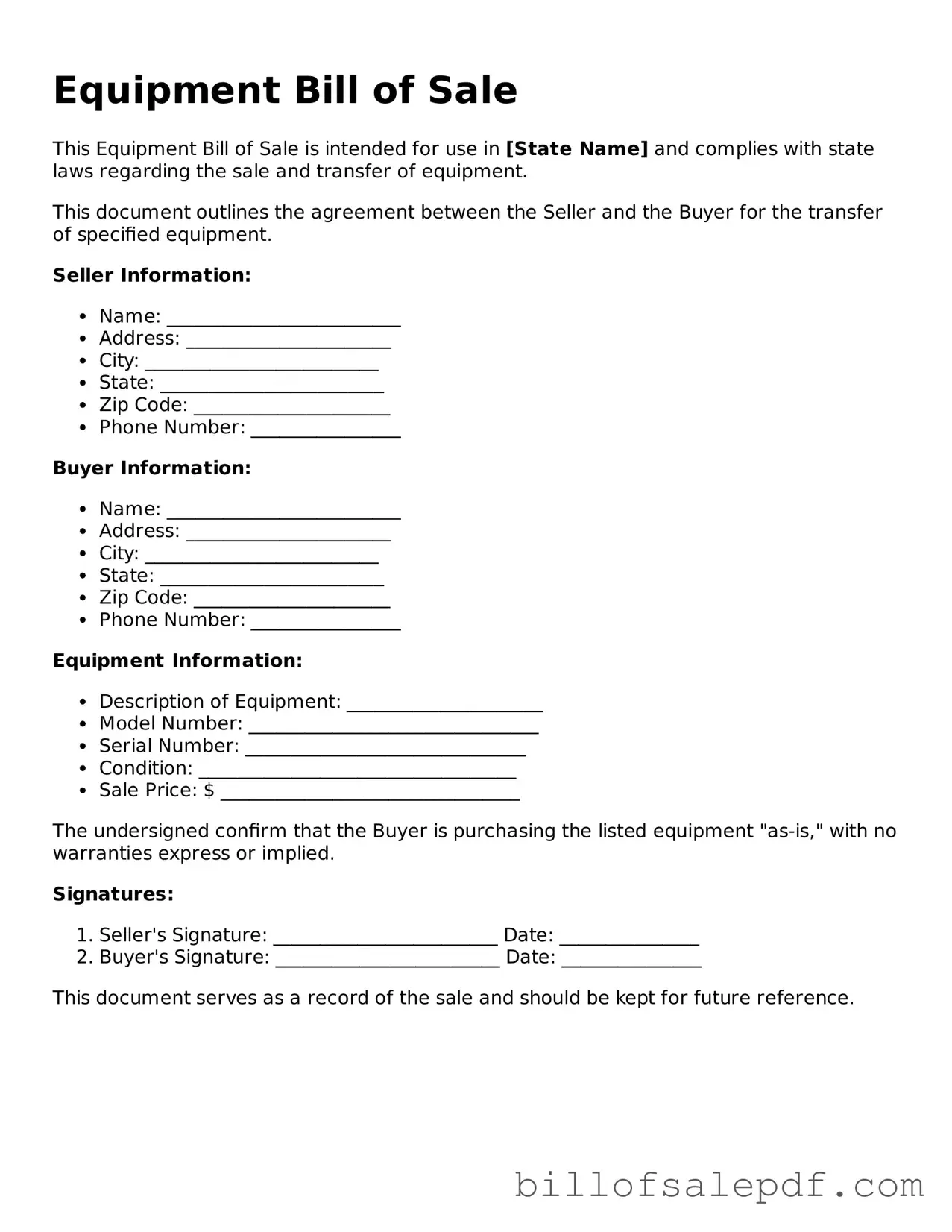 Fillable Equipment Bill of Sale Document