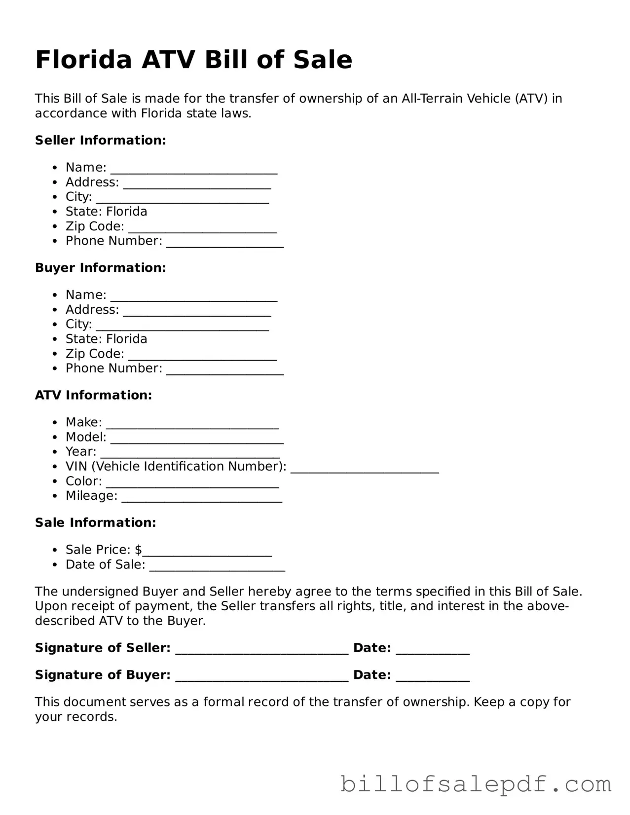 Legal Florida ATV Bill of Sale Form