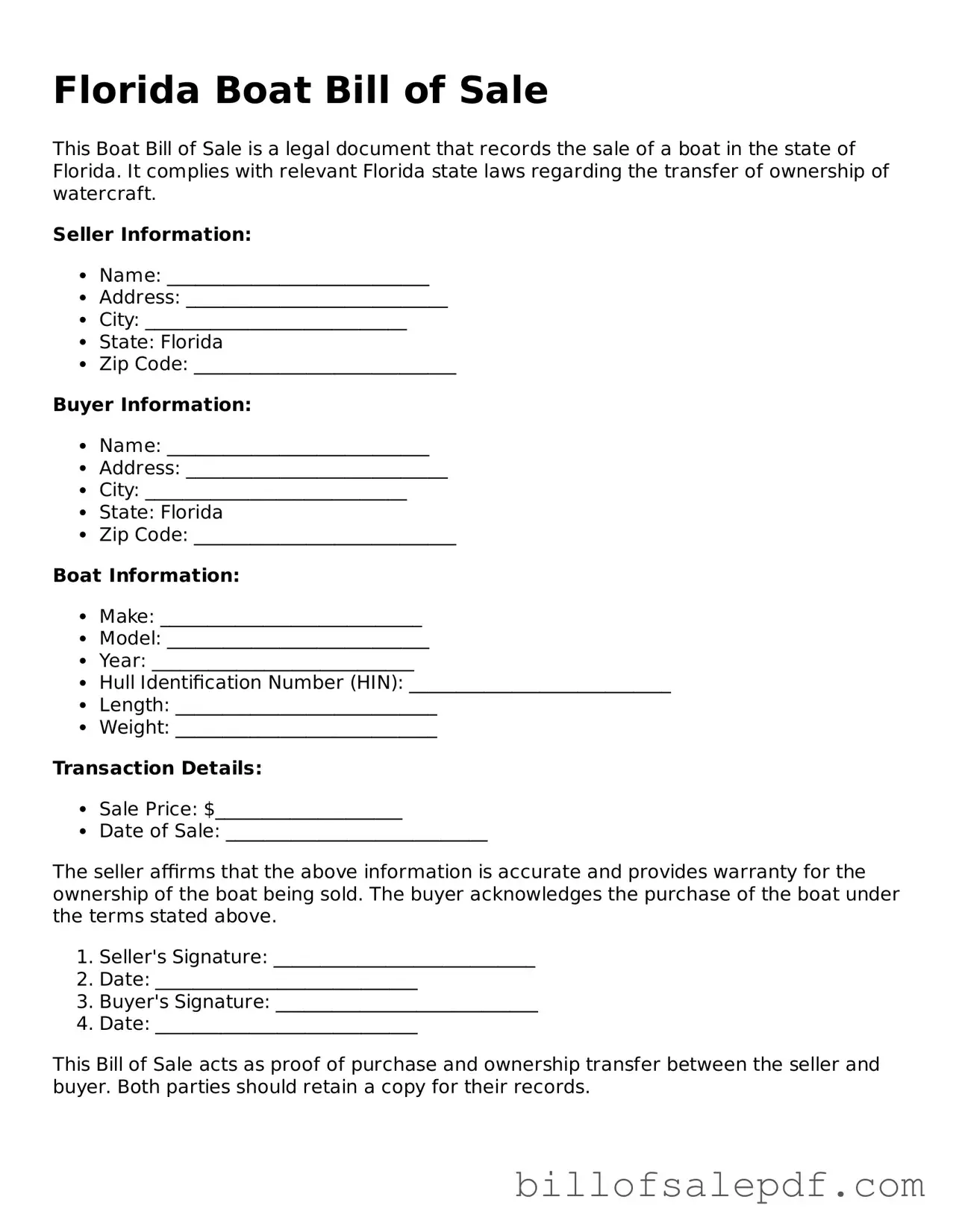 Legal Florida Boat Bill of Sale Form