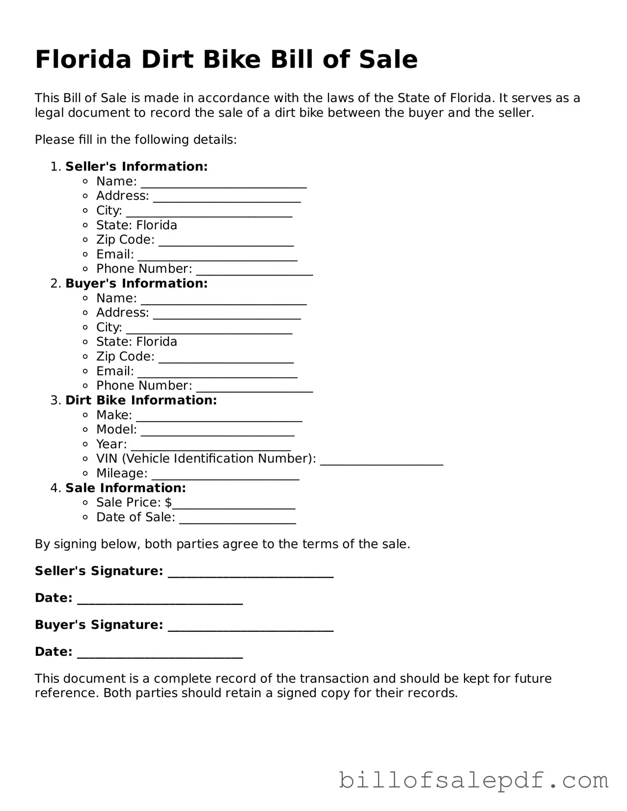 Legal Florida Dirt Bike Bill of Sale Form