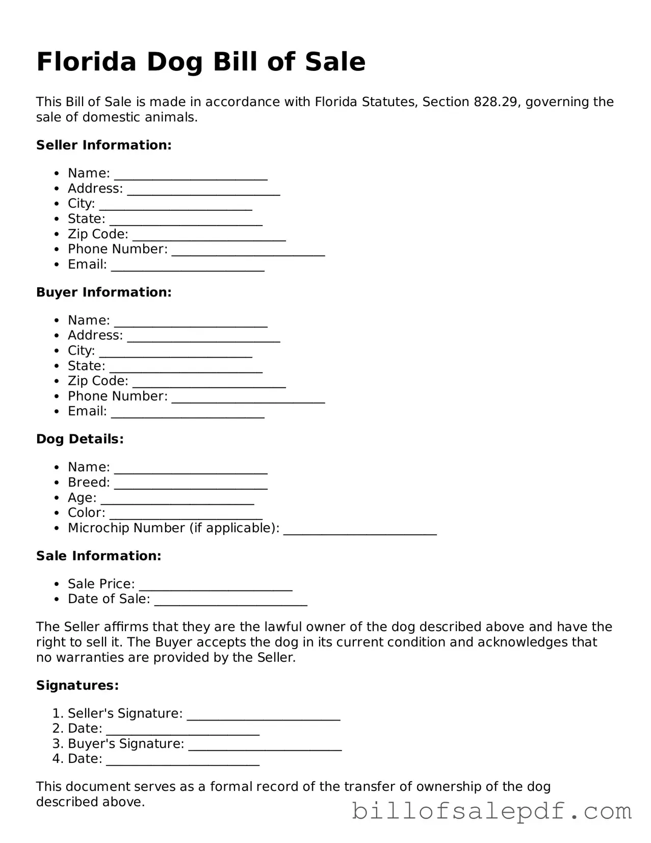 Legal Florida Dog Bill of Sale Form
