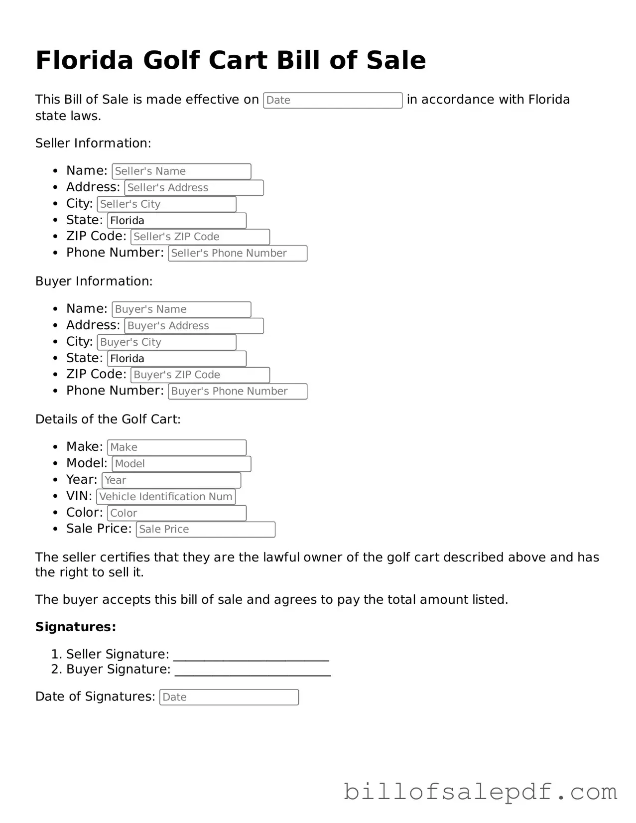 Legal Florida Golf Cart Bill of Sale Form