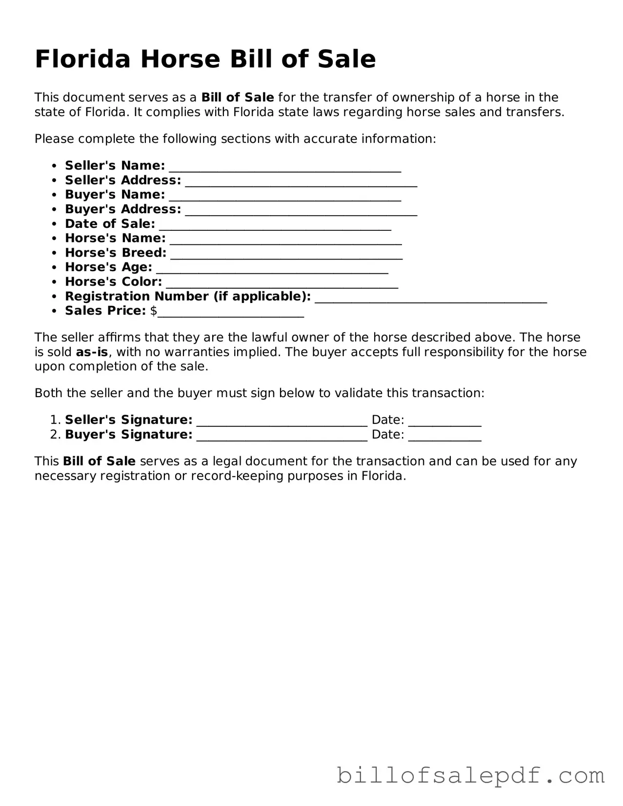 Legal Florida Horse Bill of Sale Form