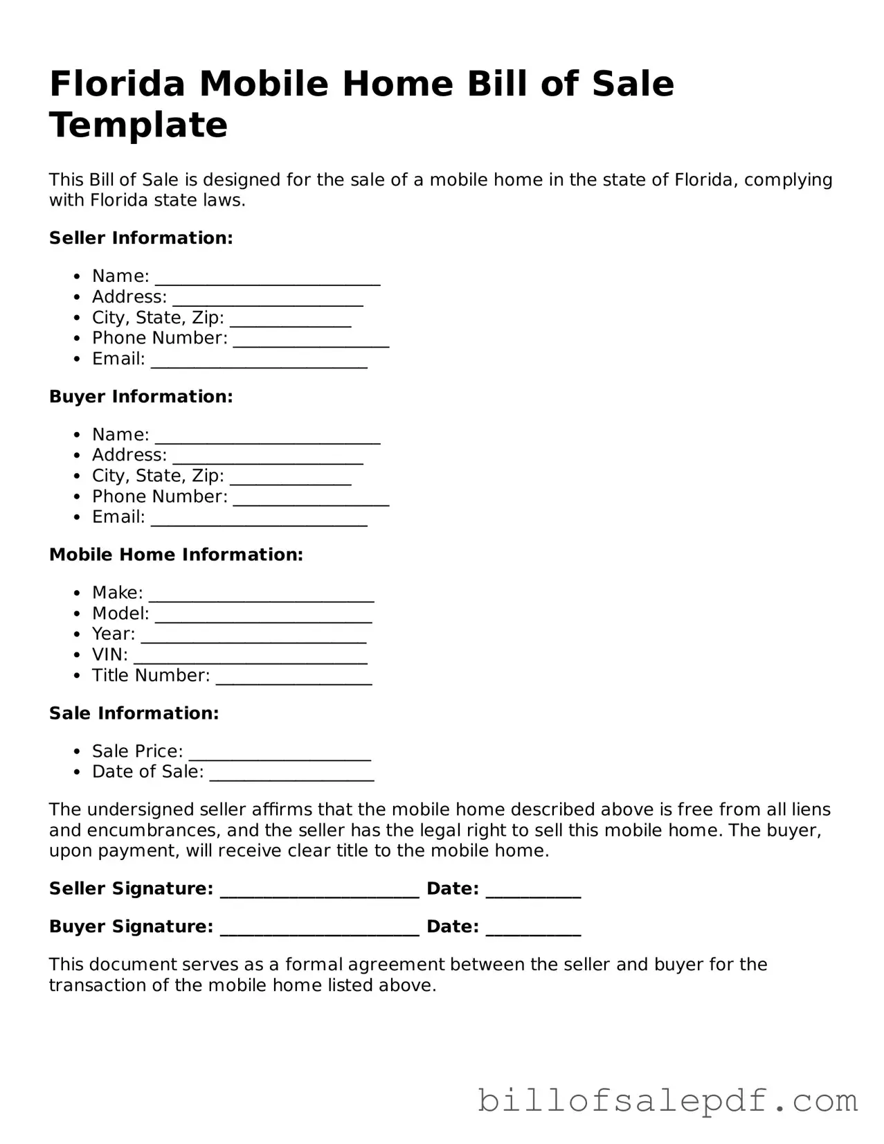 Legal Florida Mobile Home Bill of Sale Form
