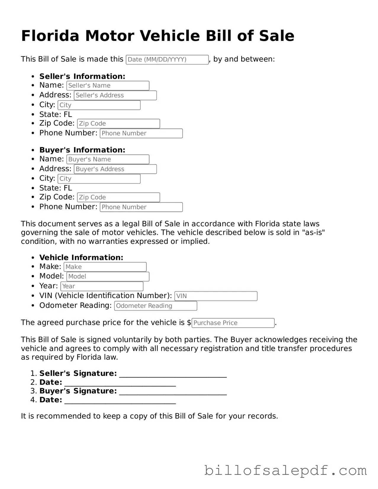 Legal Florida Motor Vehicle Bill of Sale Form