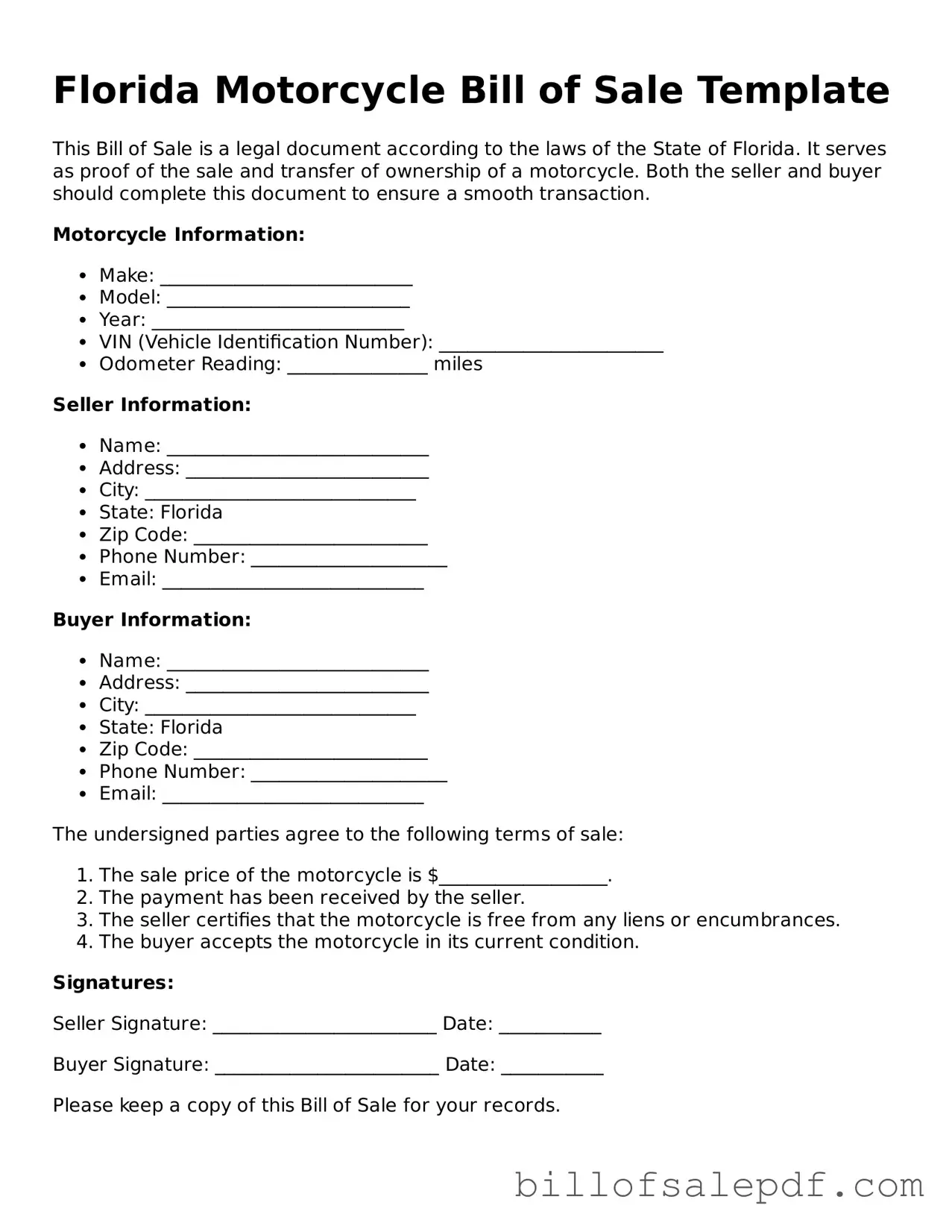 Legal Florida Motorcycle Bill of Sale Form