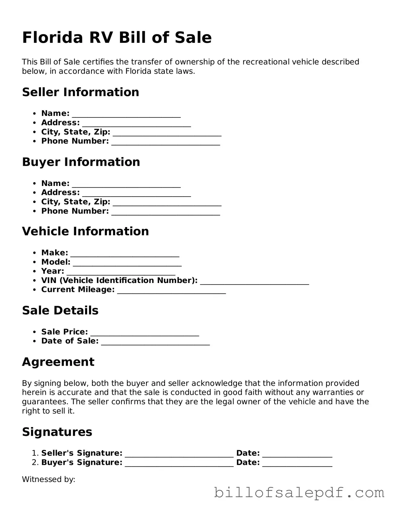 Legal Florida RV Bill of Sale Form